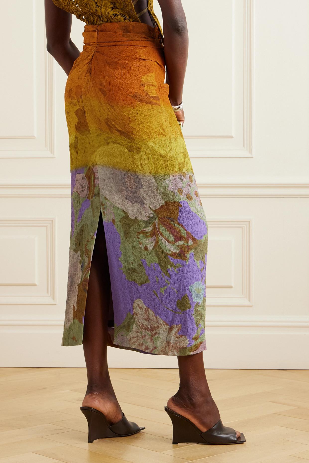 Dries Van Noten Gathered Floral-print Cloqué Midi Skirt in Orange | Lyst