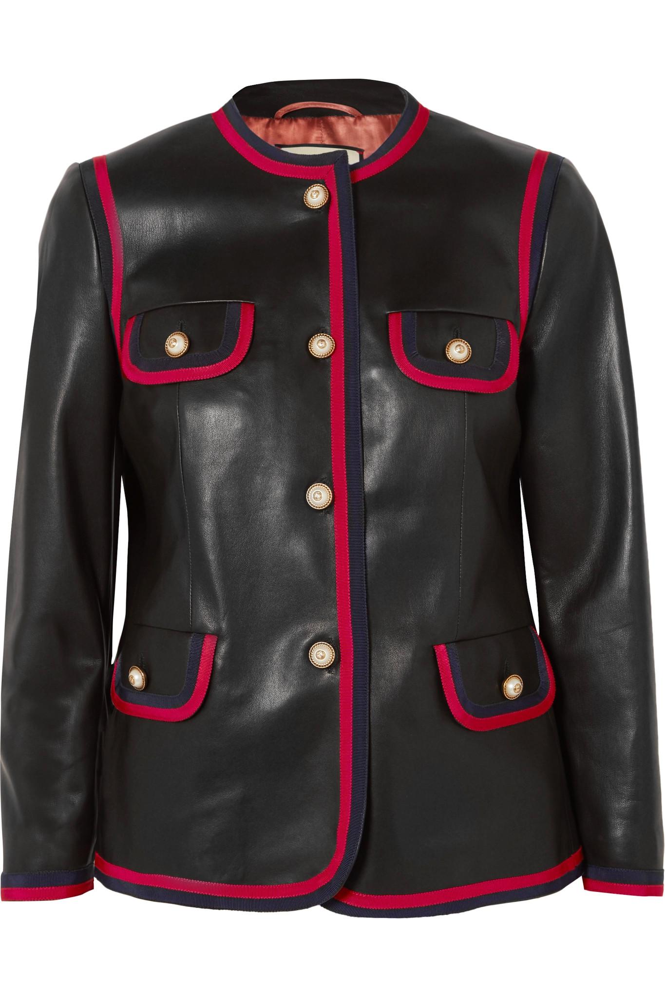 Gucci Grosgrain Trimmed Leather Jacket In Black Lyst Gucci Women S Black Grosgrain Trimmed Leather Jacket