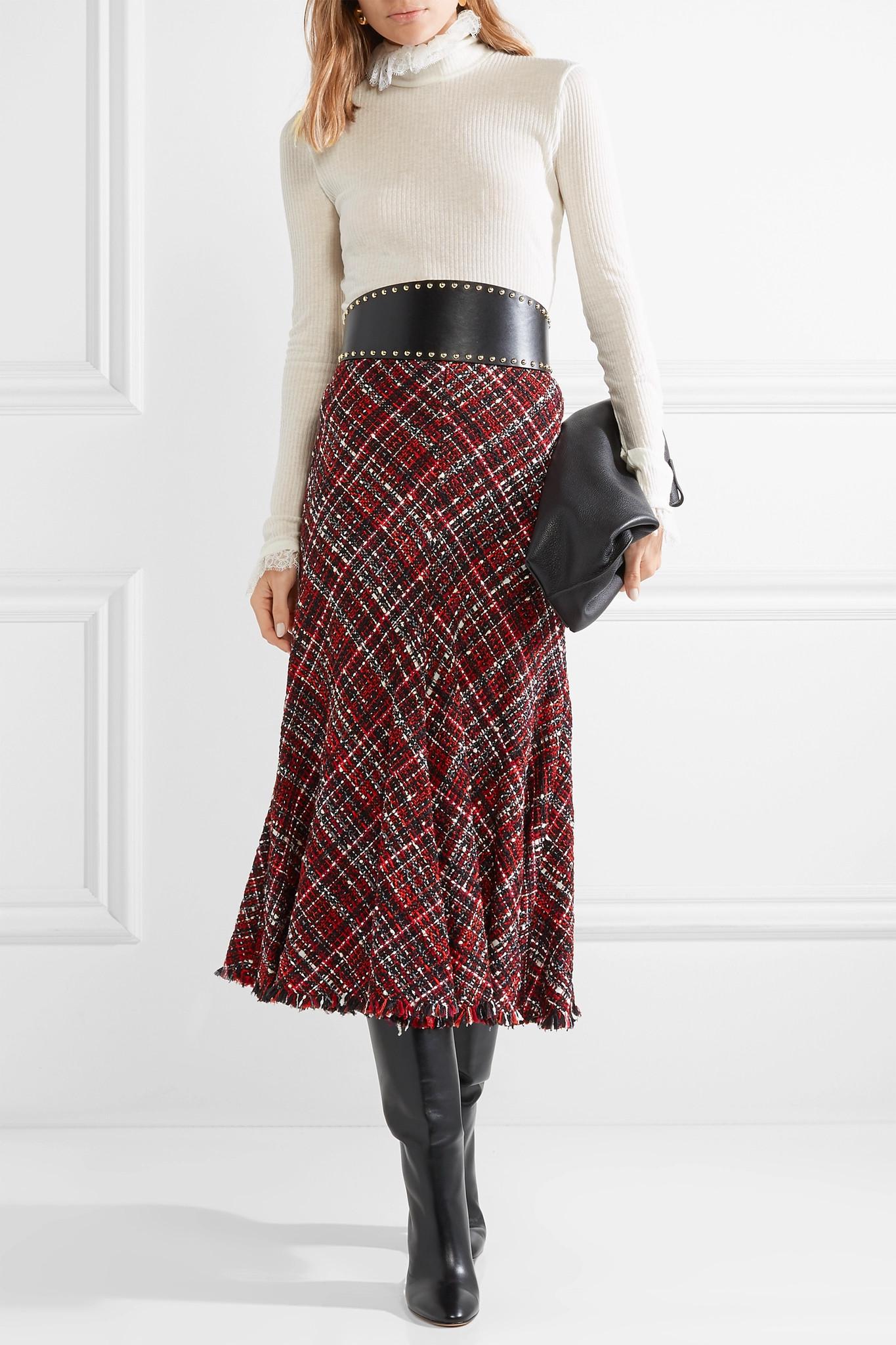McQueen Frayed Tweed Midi Skirt in Red | Lyst