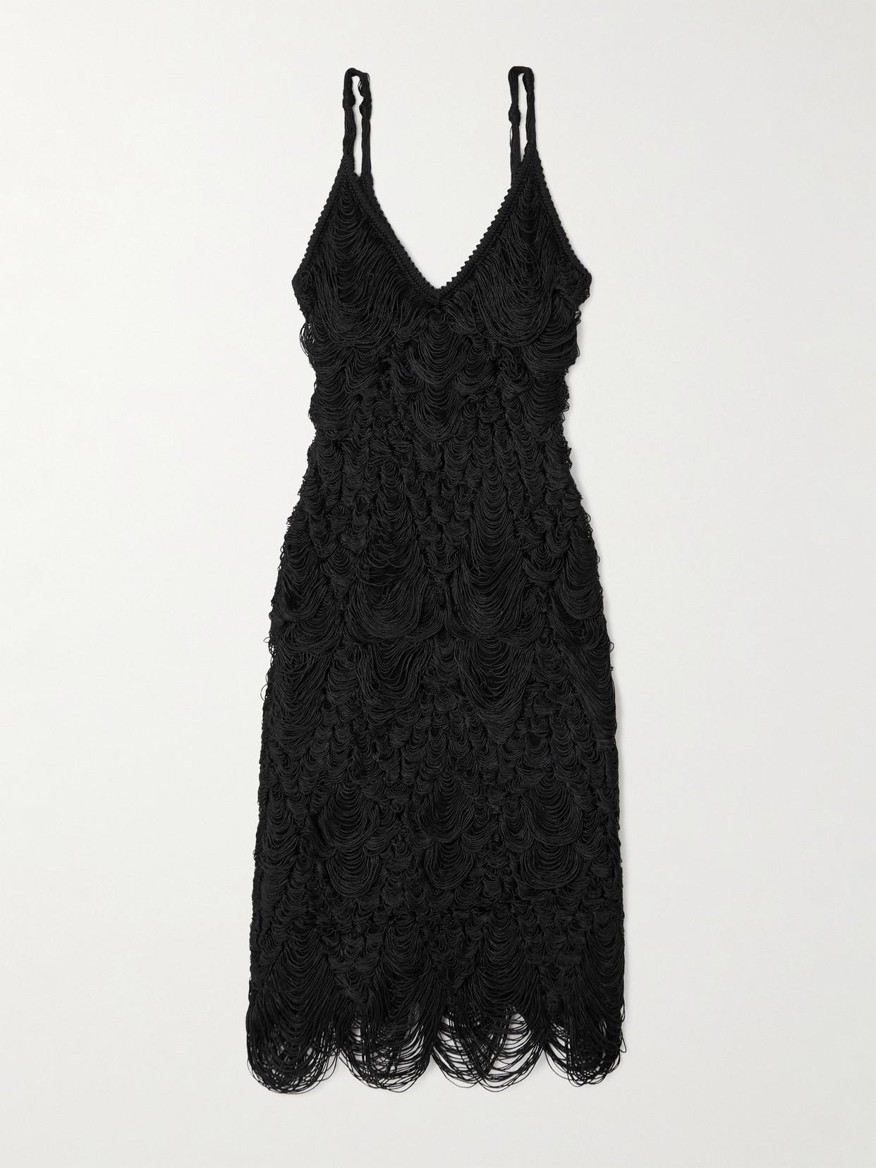 Ferragamo Fringed Silk-Blend Midi Dress in Black | Lyst