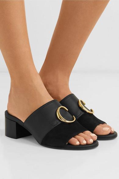 Chloé C Logo-embellished Leather And Suede Mules in Black | Lyst