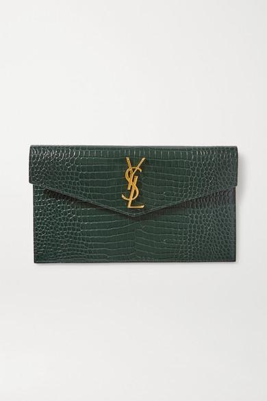 Saint Laurent Uptown Ysl-plaque Croc-effect Leather Pouch in Green