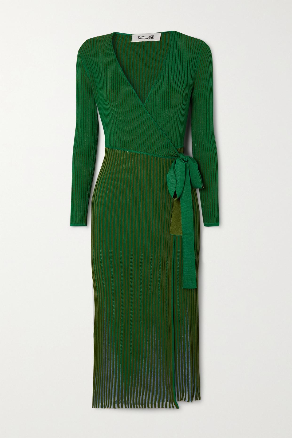 Diane von Furstenberg Dara Ribbed-knit Midi Wrap Dress in Green | Lyst