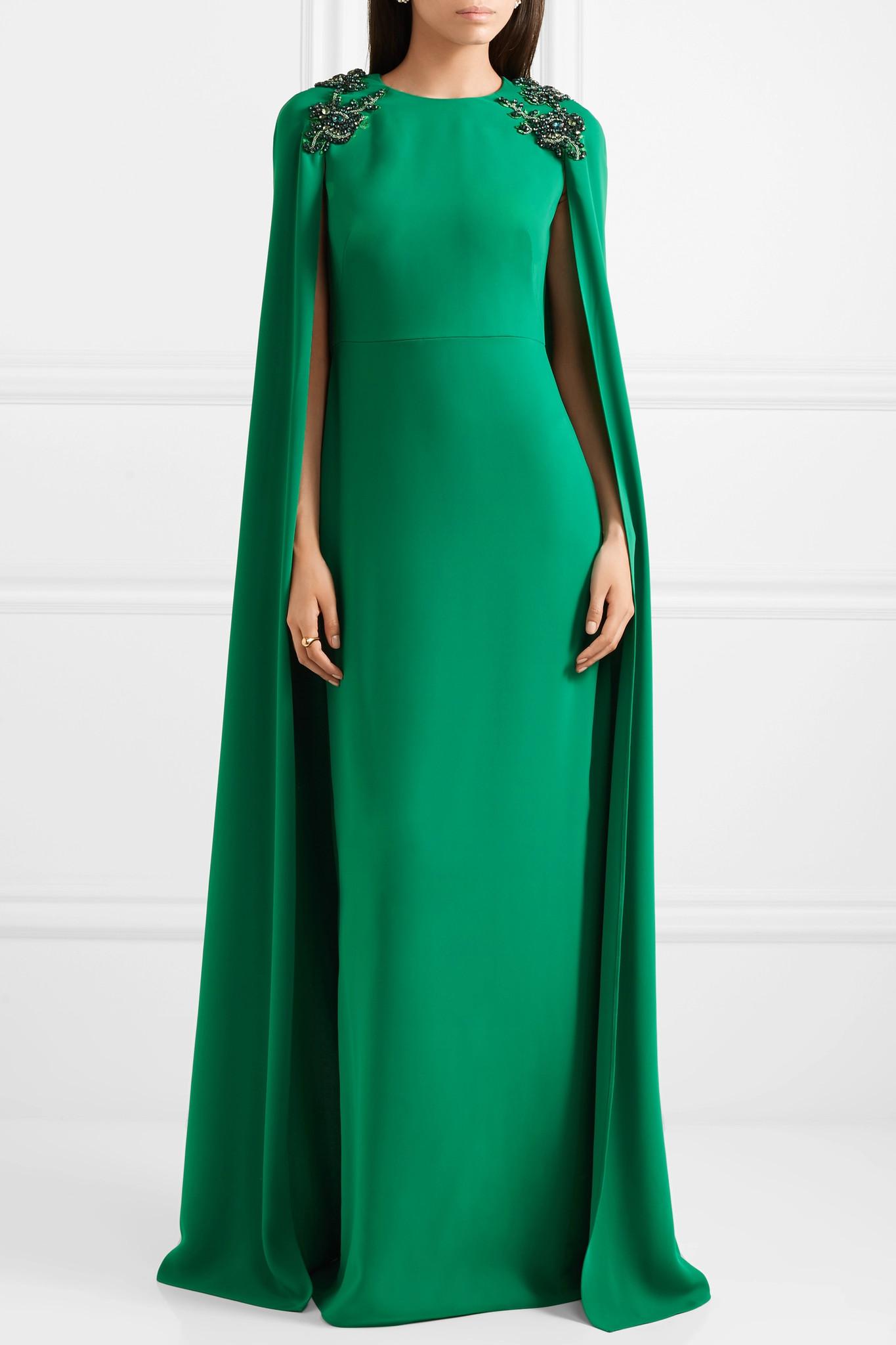 Marchesa notte Cape-effect Embellished Crepe Gown in Emerald (Green) - Lyst