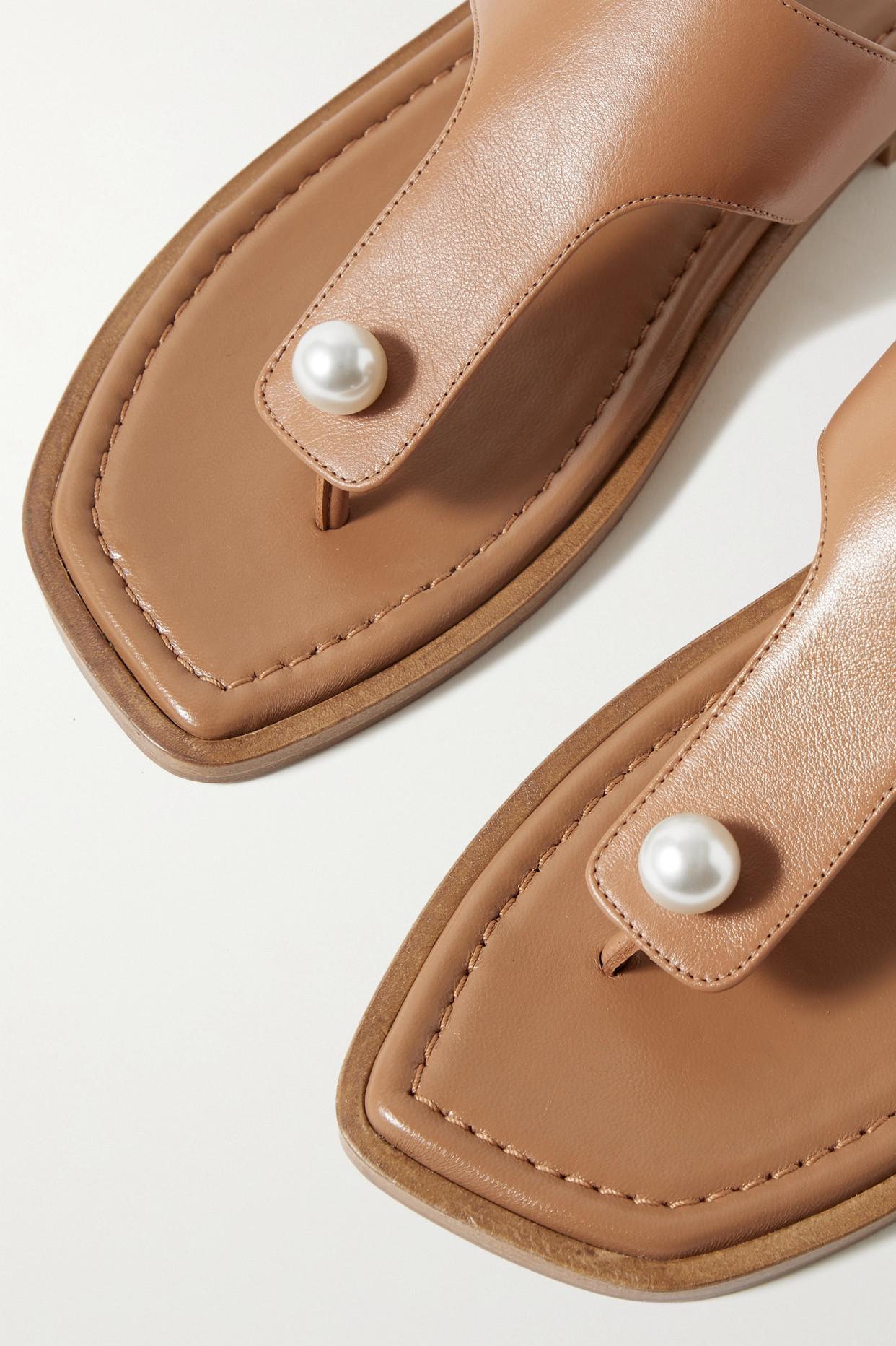 Stuart Weitzman Goldie Faux Pearl-embellished Leather Sandals in Brown |  Lyst