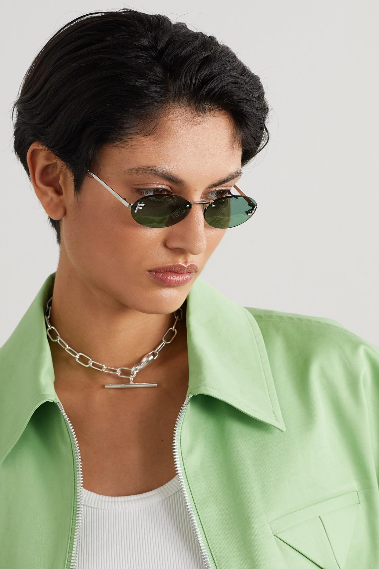 Fendi Oval-frame Crystal-embellished Silver-tone Sunglasses in Green | Lyst