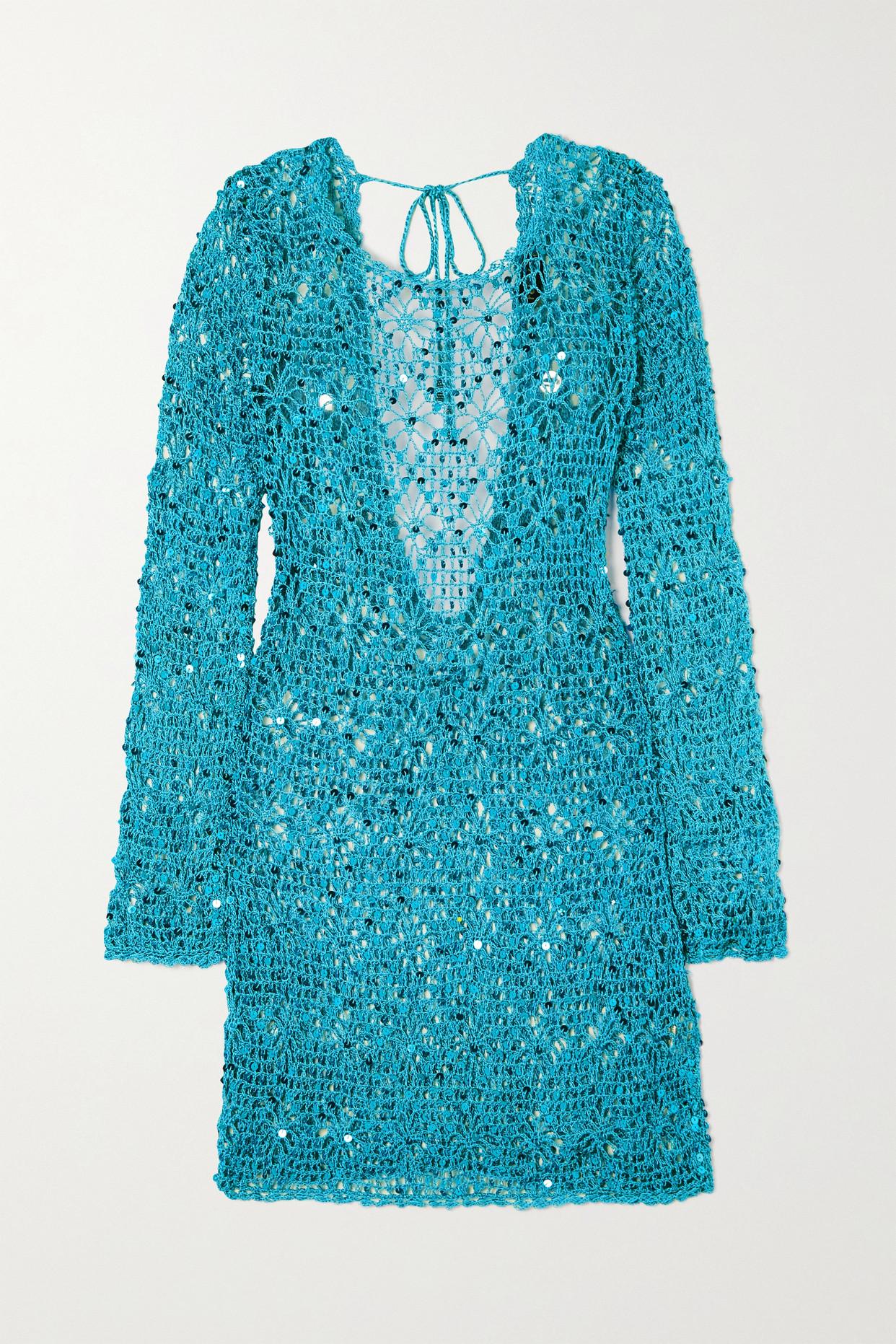 retroféte Mira Sequinembellished Crochetknit Mini Dress in Blue