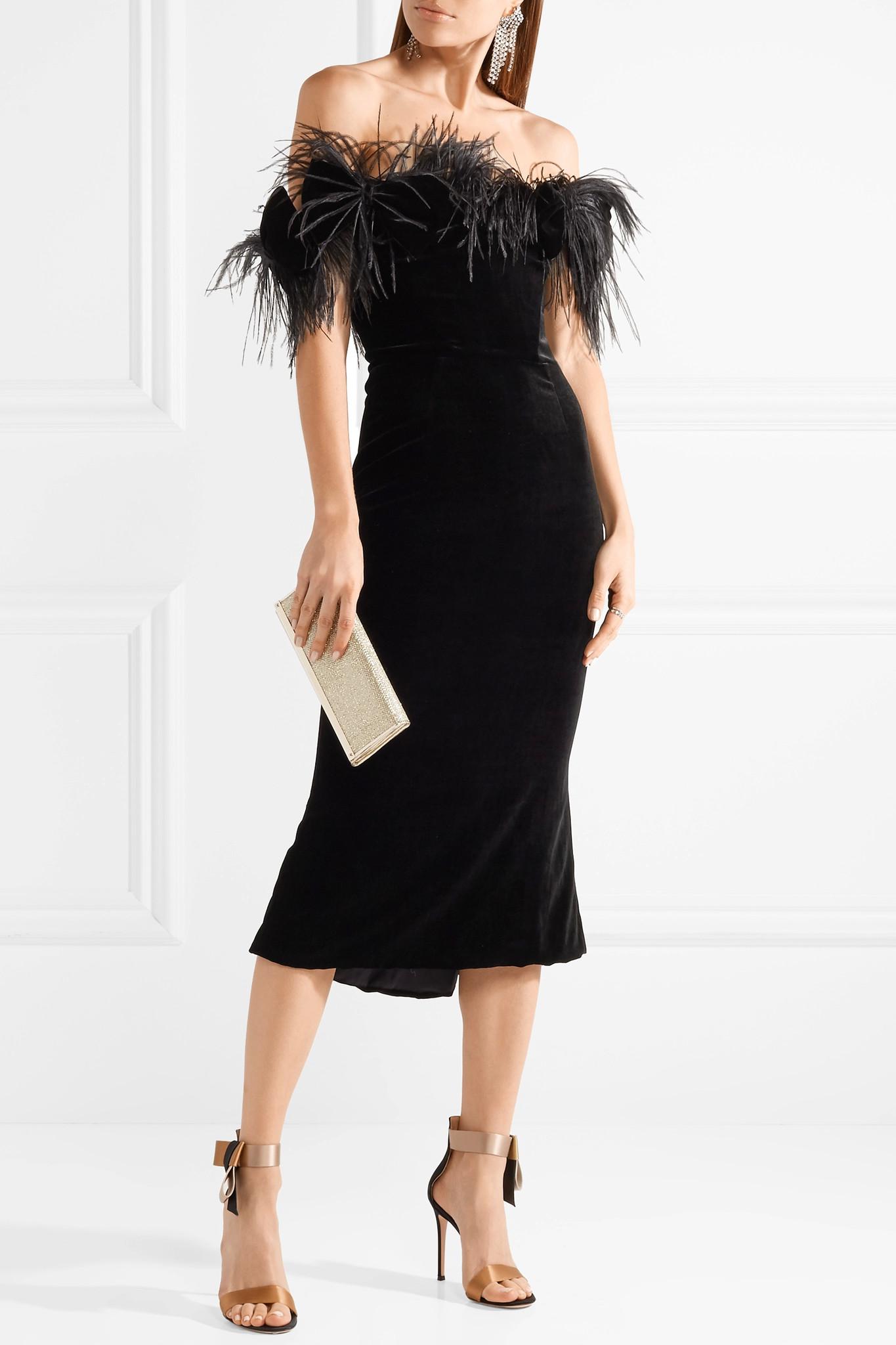 Marchesa Off-the-shoulder Feather-trimmed Velvet Midi Dress in Black - Lyst