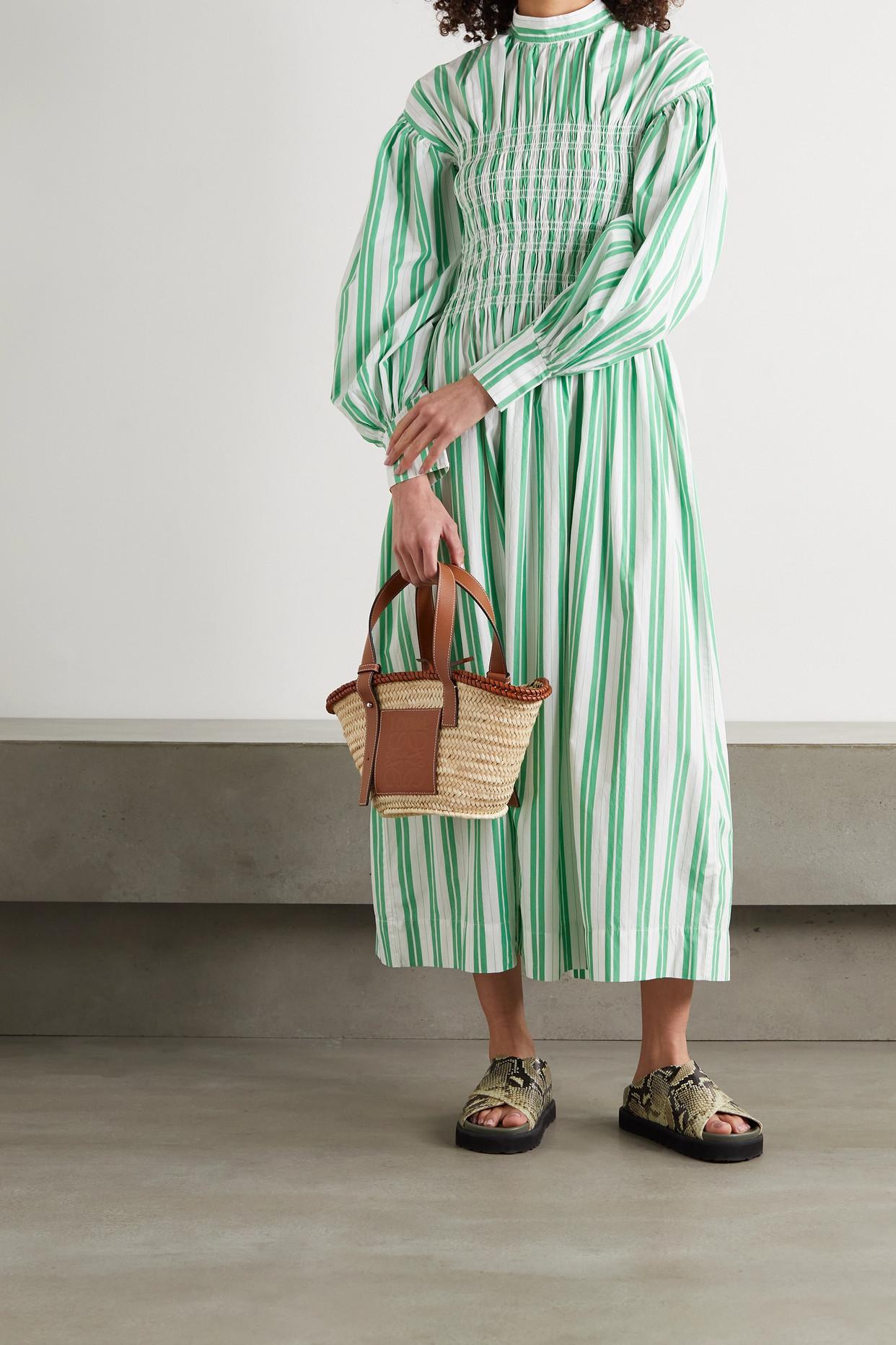 Ganni Shirred Striped Organic Cotton-poplin Midi Dress in Green | Lyst