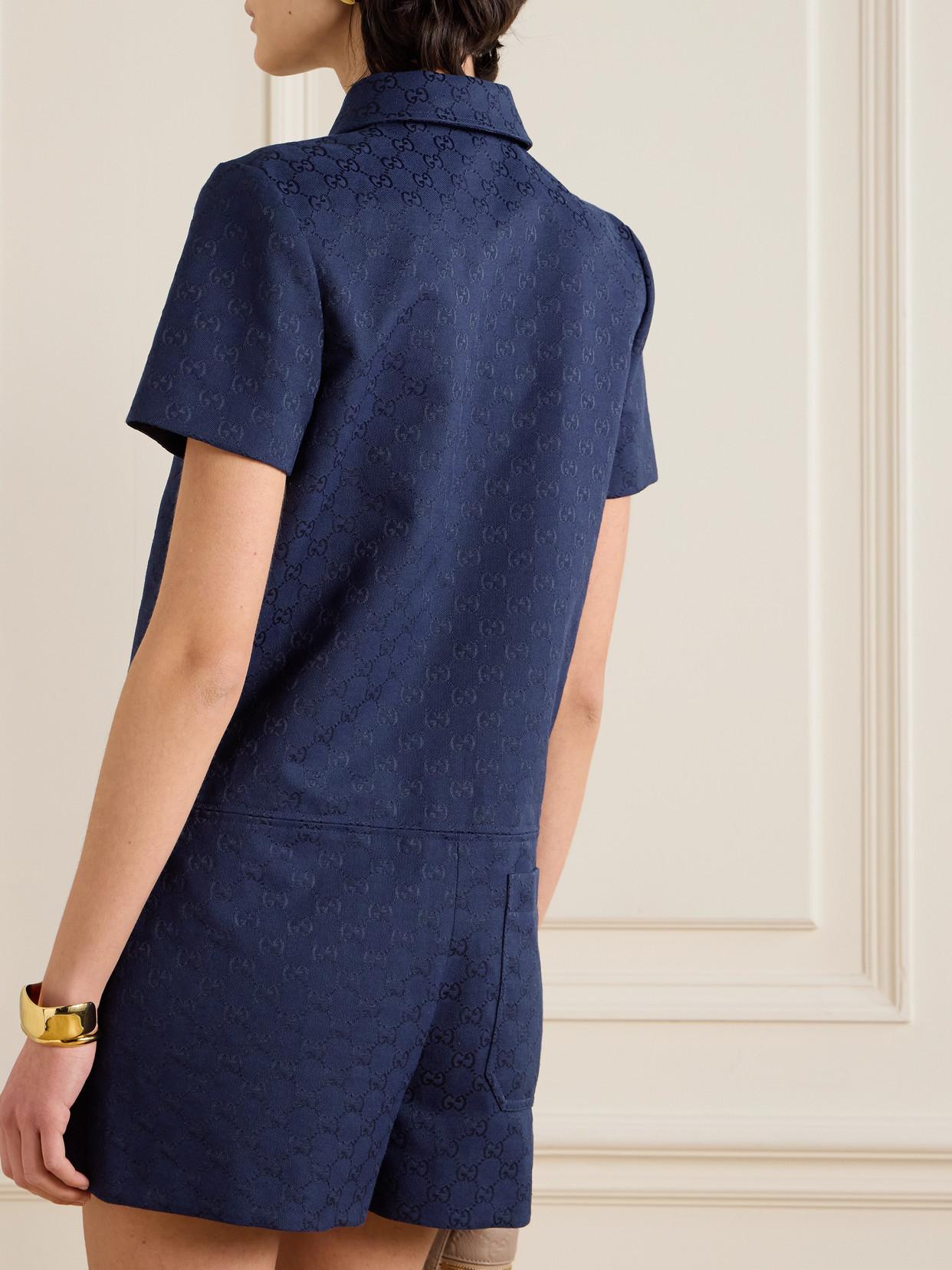 Gucci Embellished Leather-Trimmed Canvas-Jacquard Playsuit in Blue | Lyst