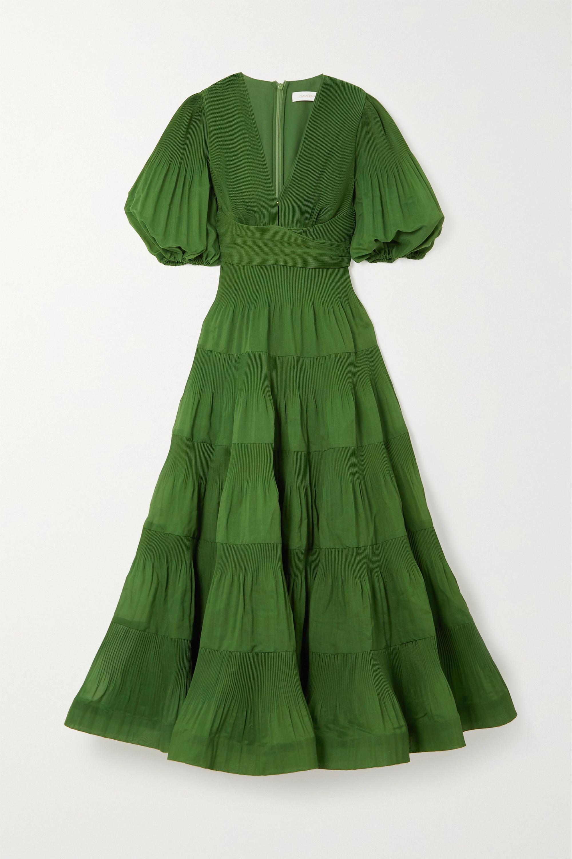 Zimmermann Pleated Tiered Twill Midi Dress in Green | Lyst Australia