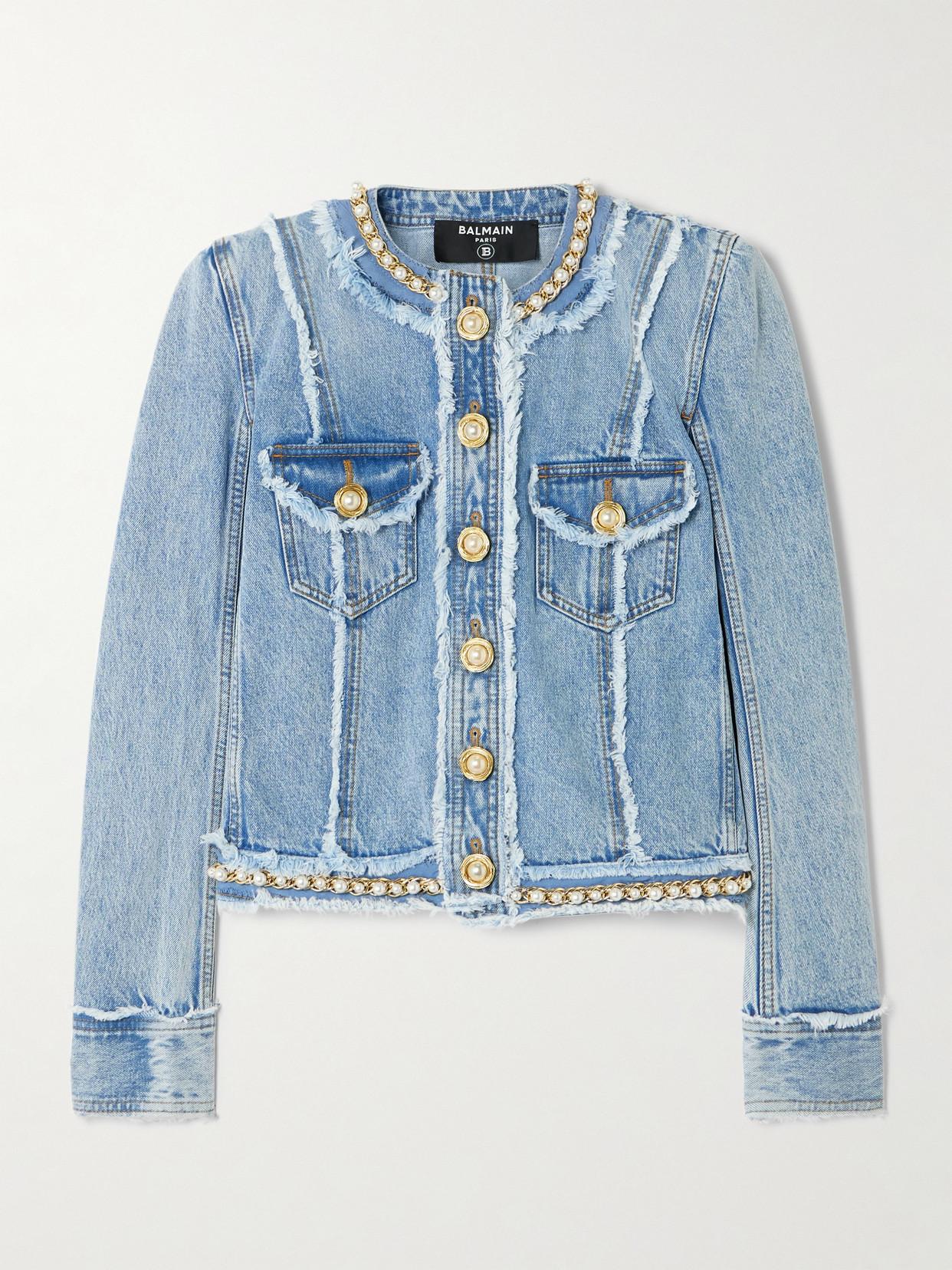Balmain Faux Pearl-Embellished Frayed Denim Jacket in Blue | Lyst
