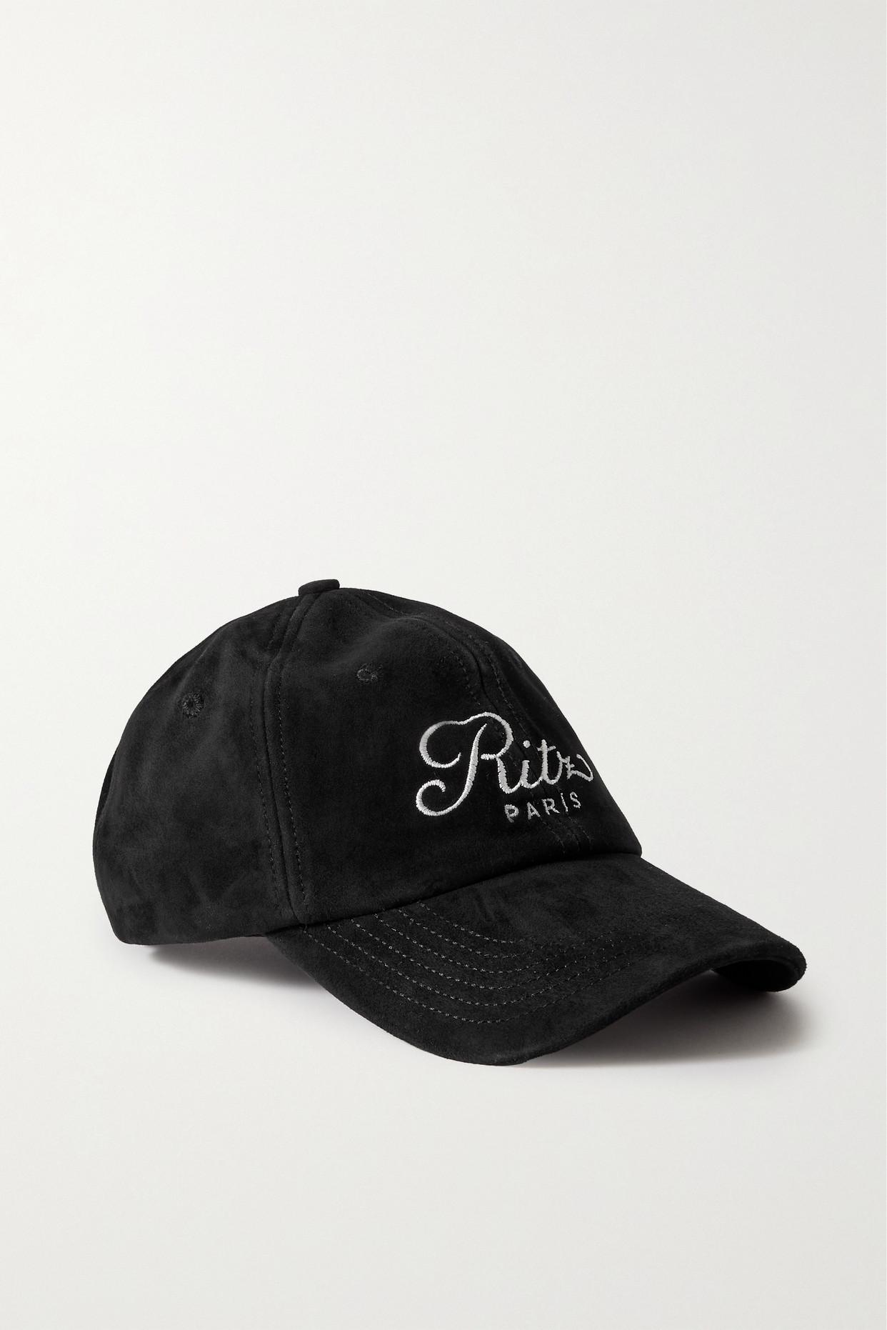 FRAME + Ritz Paris Embroidered Suede Baseball Cap in Black