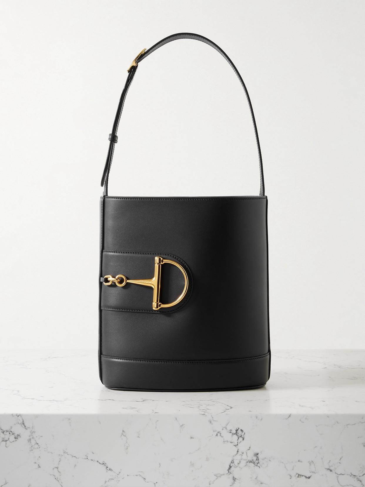Gucci 73 Small Horsebit Embellished Leather Bucket Bag in Black