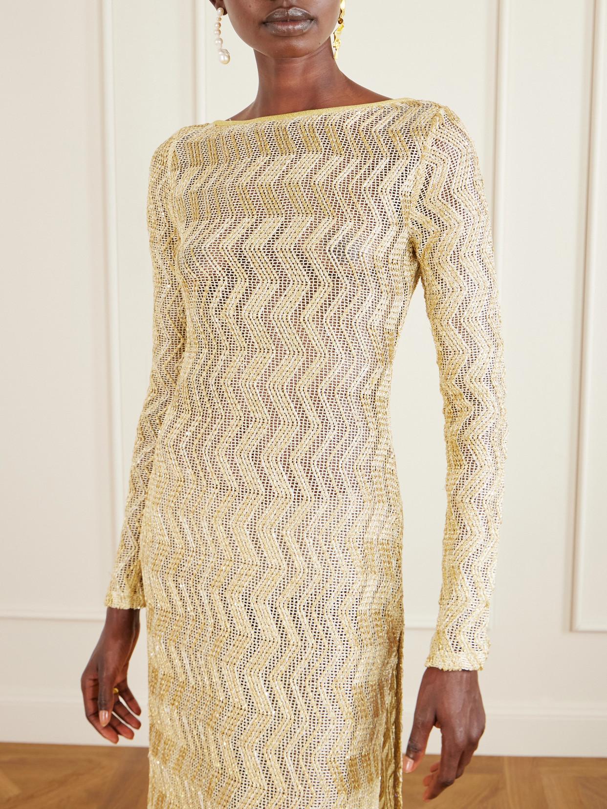 slim fit dress slacks Always Devotion Crochet Midi Dress in Gold Metallic