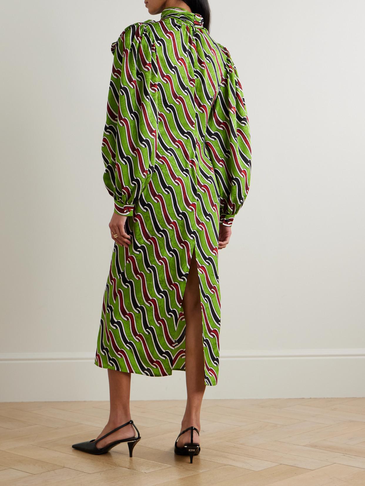 Gucci Tie-Detailed Printed Silk-Jacquard Midi Dress in Green | Lyst