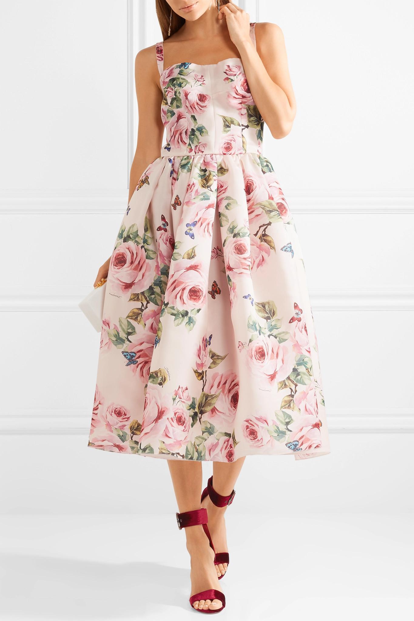 Dolce & Gabbana Pleated Floral-print Silk-organza Midi Dress in Pink | Lyst