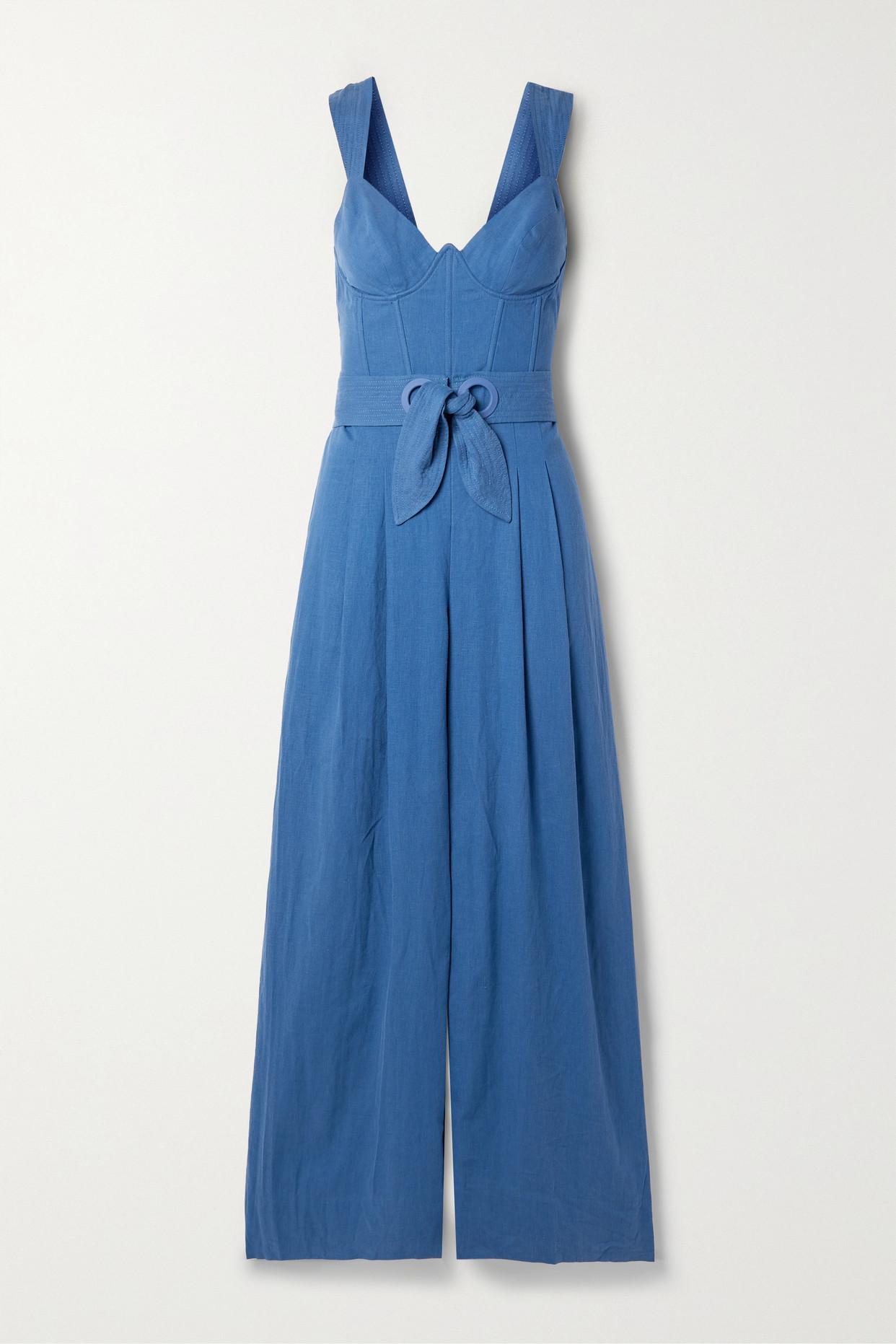 FARM Rio Belted Pleated Linen-blend Jumpsuit in Blue | Lyst
