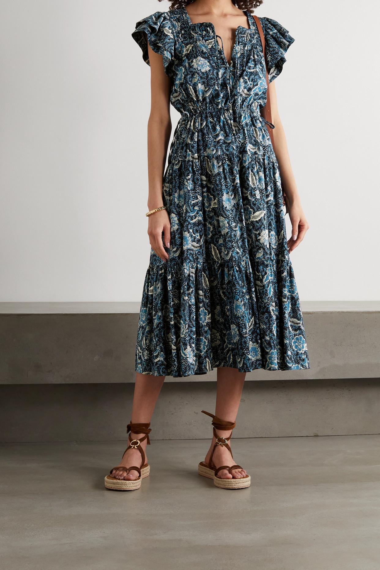 Ulla Johnson Zuma Tiered Floral-print Cotton-blend Midi Dress in Blue | Lyst