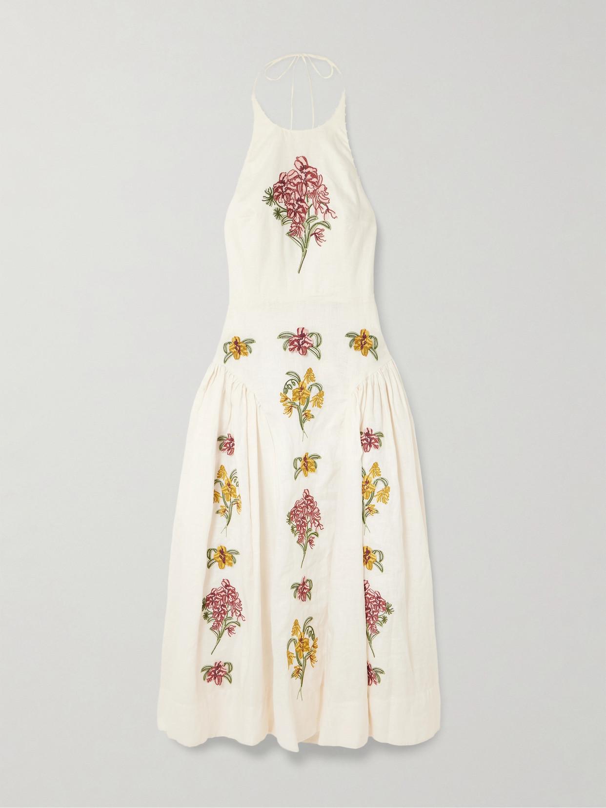 canna balsa beaded midi dress Agua Bendita Embellished Embroidered Linen Halterneck in White Size:42