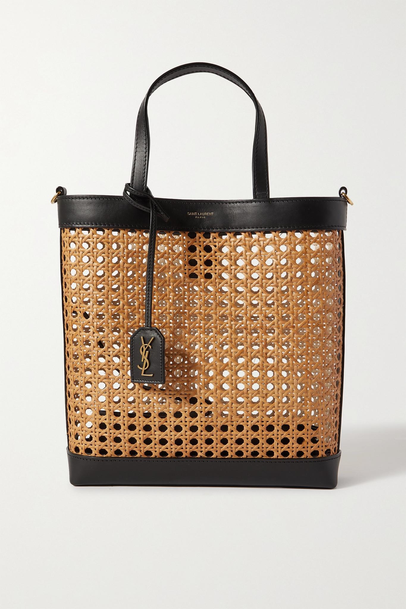 Saint Laurent Shopping Toy Leather-trimmed Straw Tote in Black | Lyst