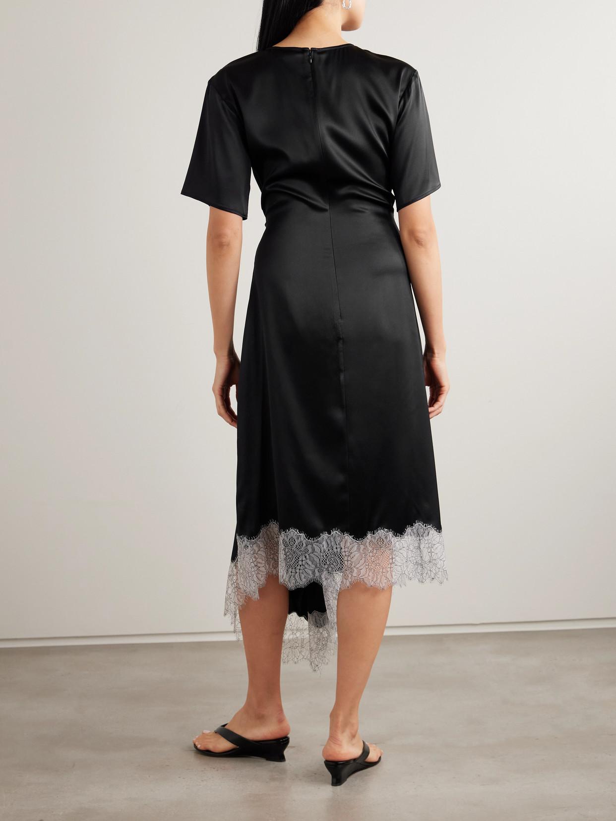 STAUD Sonoma Asymmetric Gathered Lace-Trimmed Silk-Blend Satin Midi Dress  in Black | Lyst