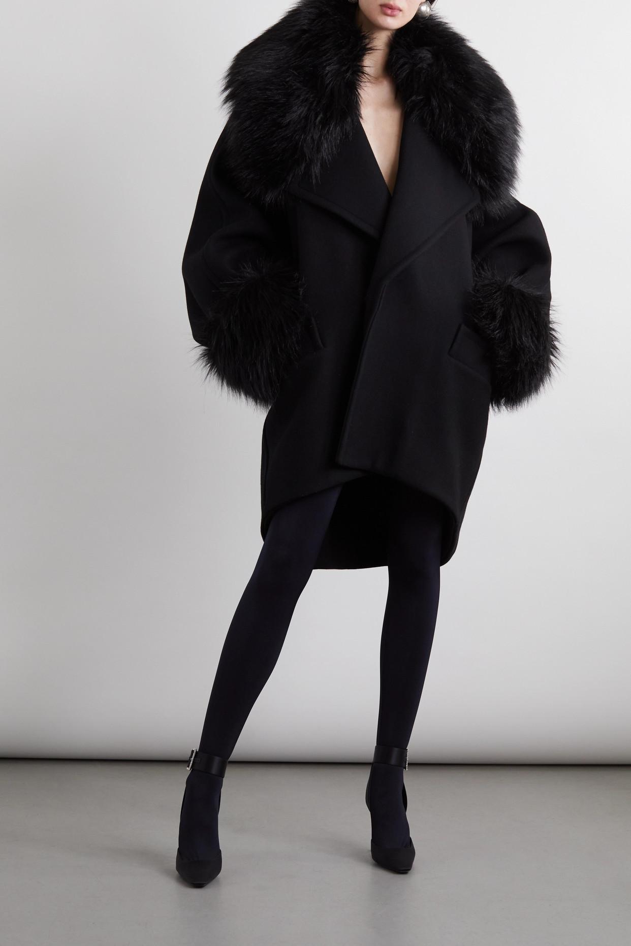 Saint Laurent Oversized Faux Fur-trimmed Wool-blend Felt Coat in Black |  Lyst