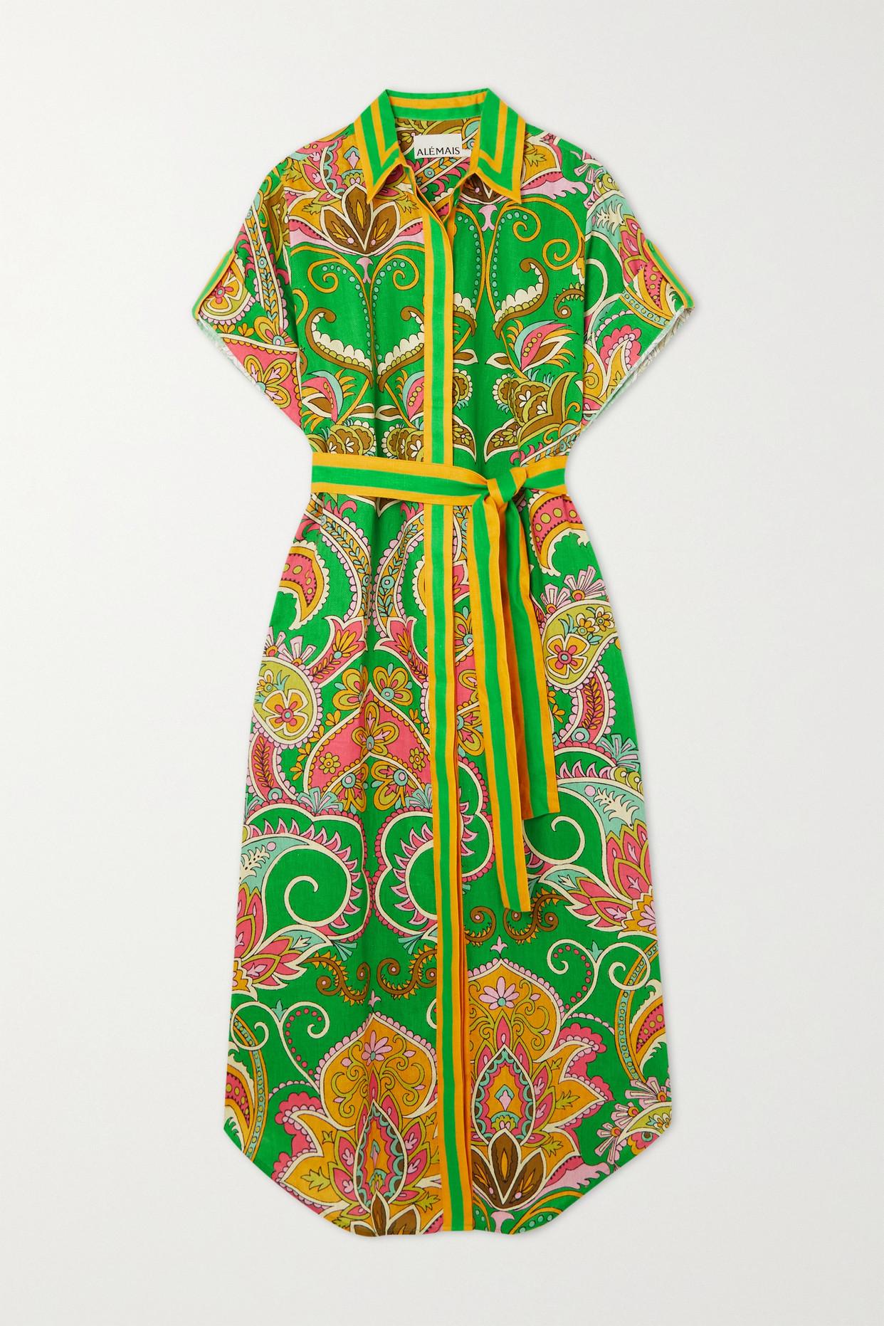 ALÉMAIS Marion Belted Printed Linen Midi Shirt Dress in Green | Lyst UK