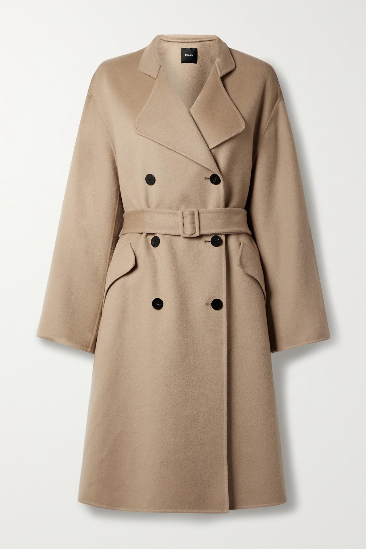 Theory Belted Double-breasted Wool And Cashmere-blend Coat in Natural | Lyst