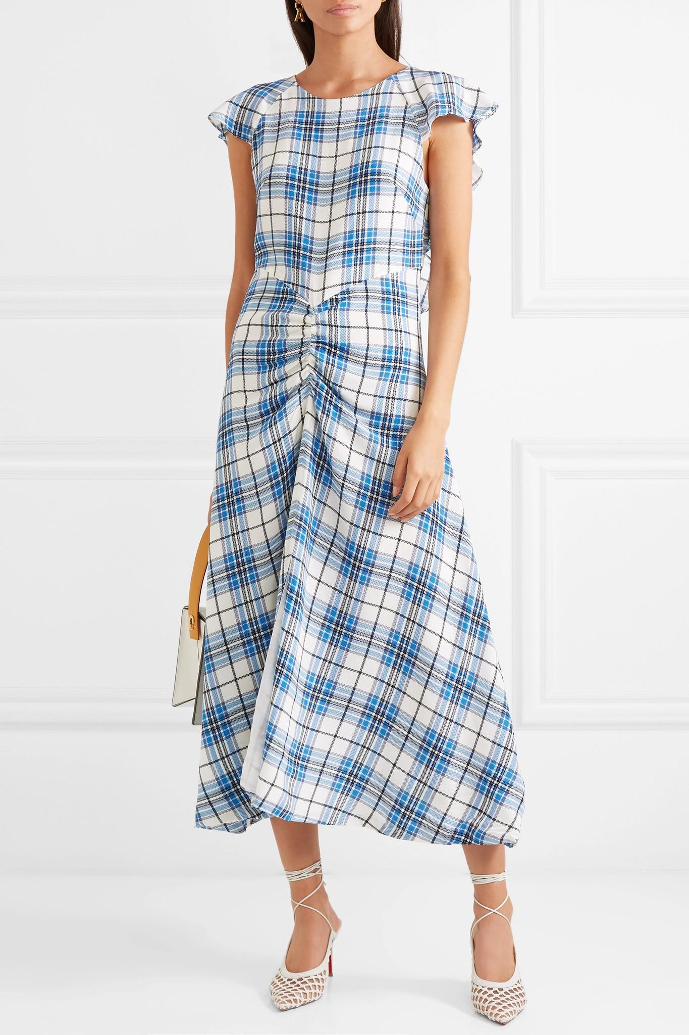 Paper London Dutch Ruched Checked Silk Midi Dress in Blue - Lyst
