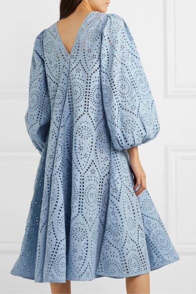 Ganni Broderie Anglaise Cotton Midi Dress in Light Blue (Blue) | Lyst