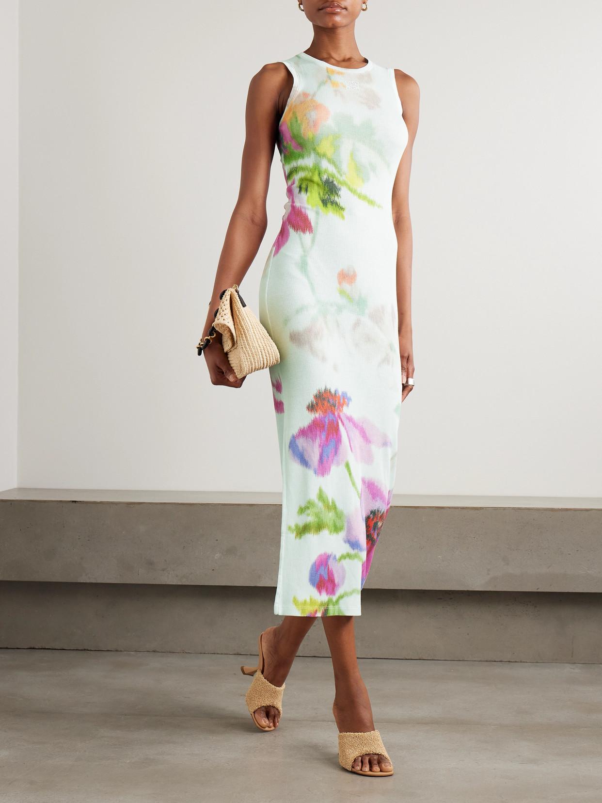 Loewe Ribbed Floral-Print Silk And Cotton-Blend Jersey Midi Dress in White  | Lyst