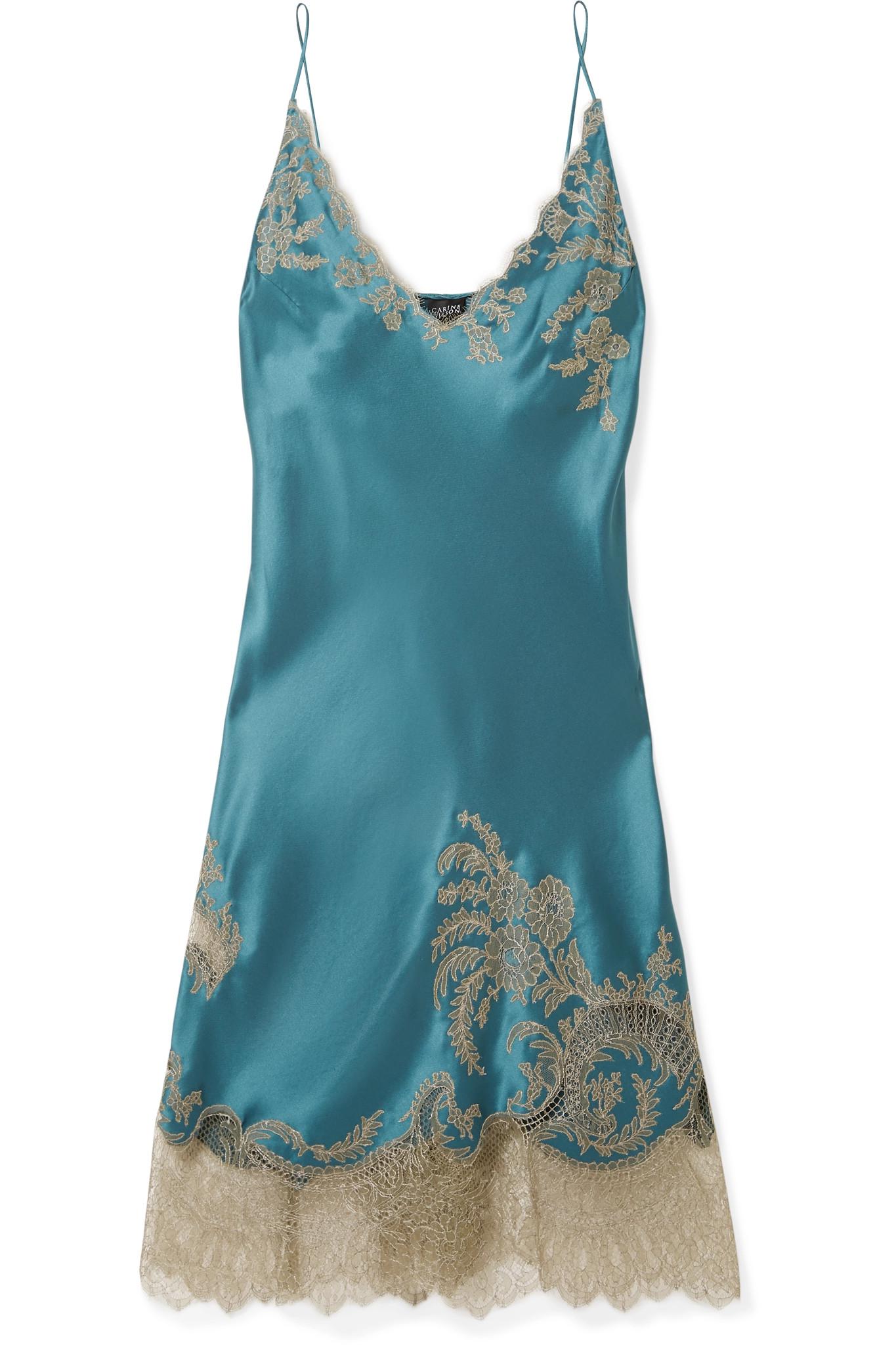 Carine Gilson Chantilly Lace-trimmed Silk-satin Chemise in Blue - Lyst