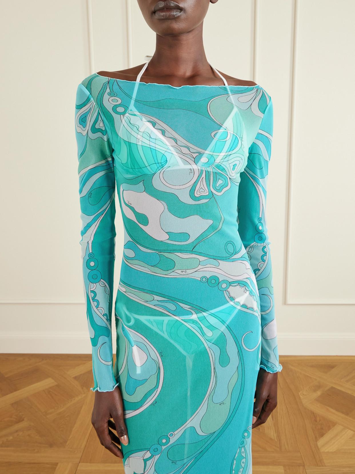 PUCCI Ruffled Printed Tulle Maxi Dress in Blue | Lyst PUCCI Ruffled Printed Tulle Maxi Dress in Blue | Lyst