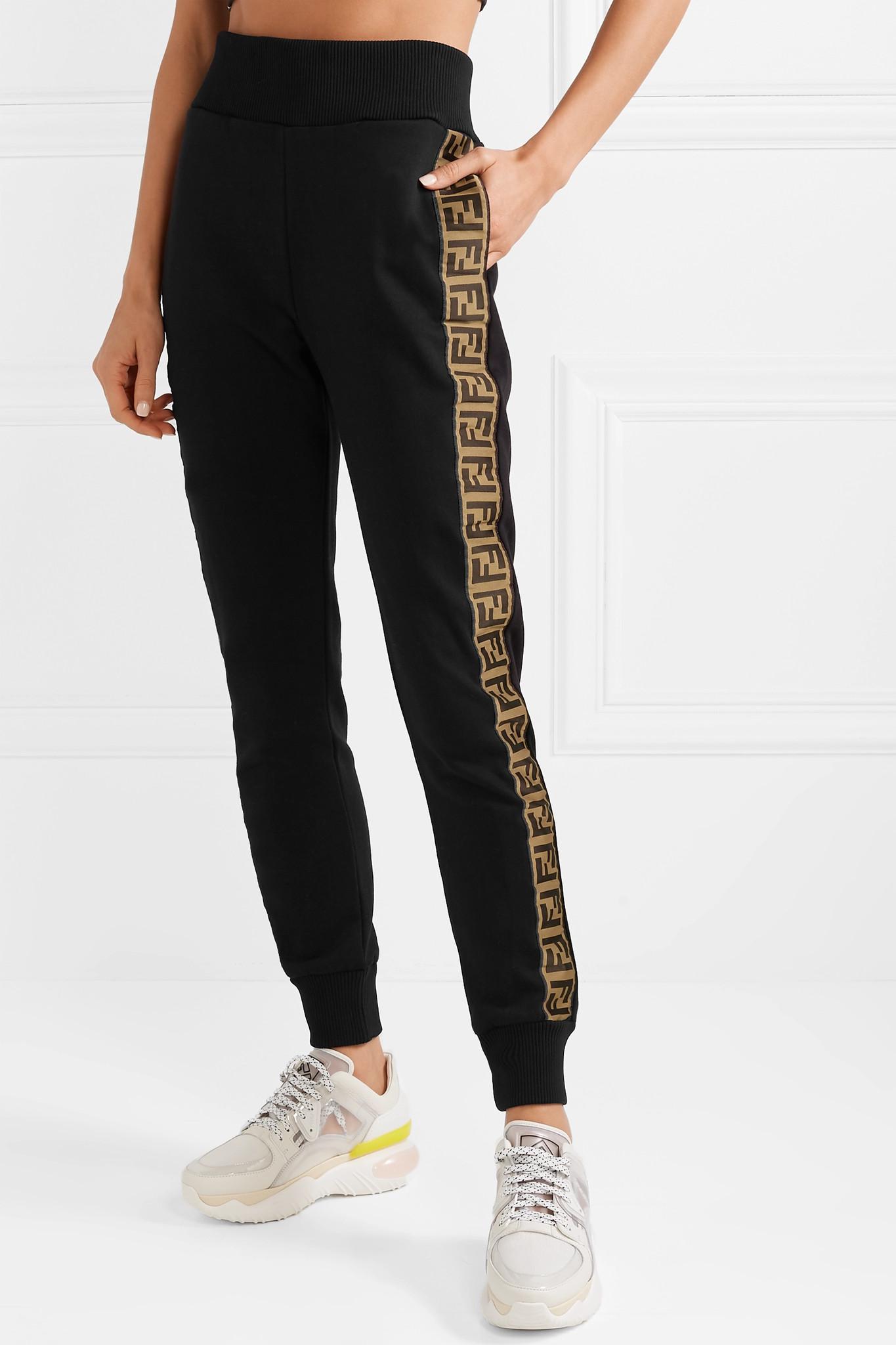 Fendi Jacquard-trimmed Printed Cotton-blend Jersey Track Pants Black | Lyst