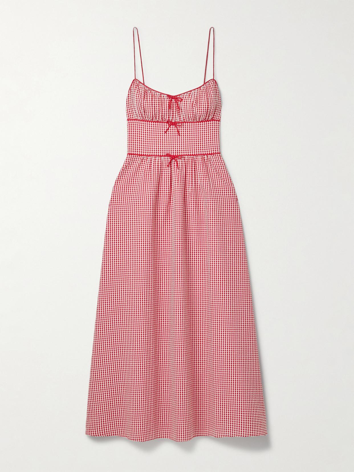Doen Belline Bow-Detailed Gingham Recycled-Seersucker Midi Dress in Pink |  Lyst