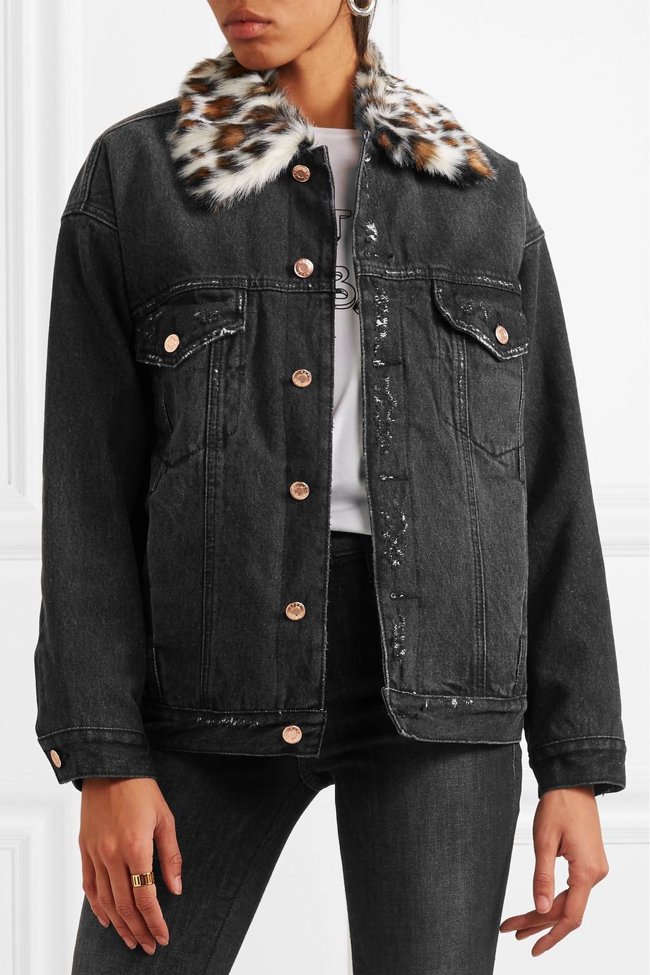 SJYP Leopard-print Faux Fur-trimmed Distressed Denim Jacket Black - Lyst