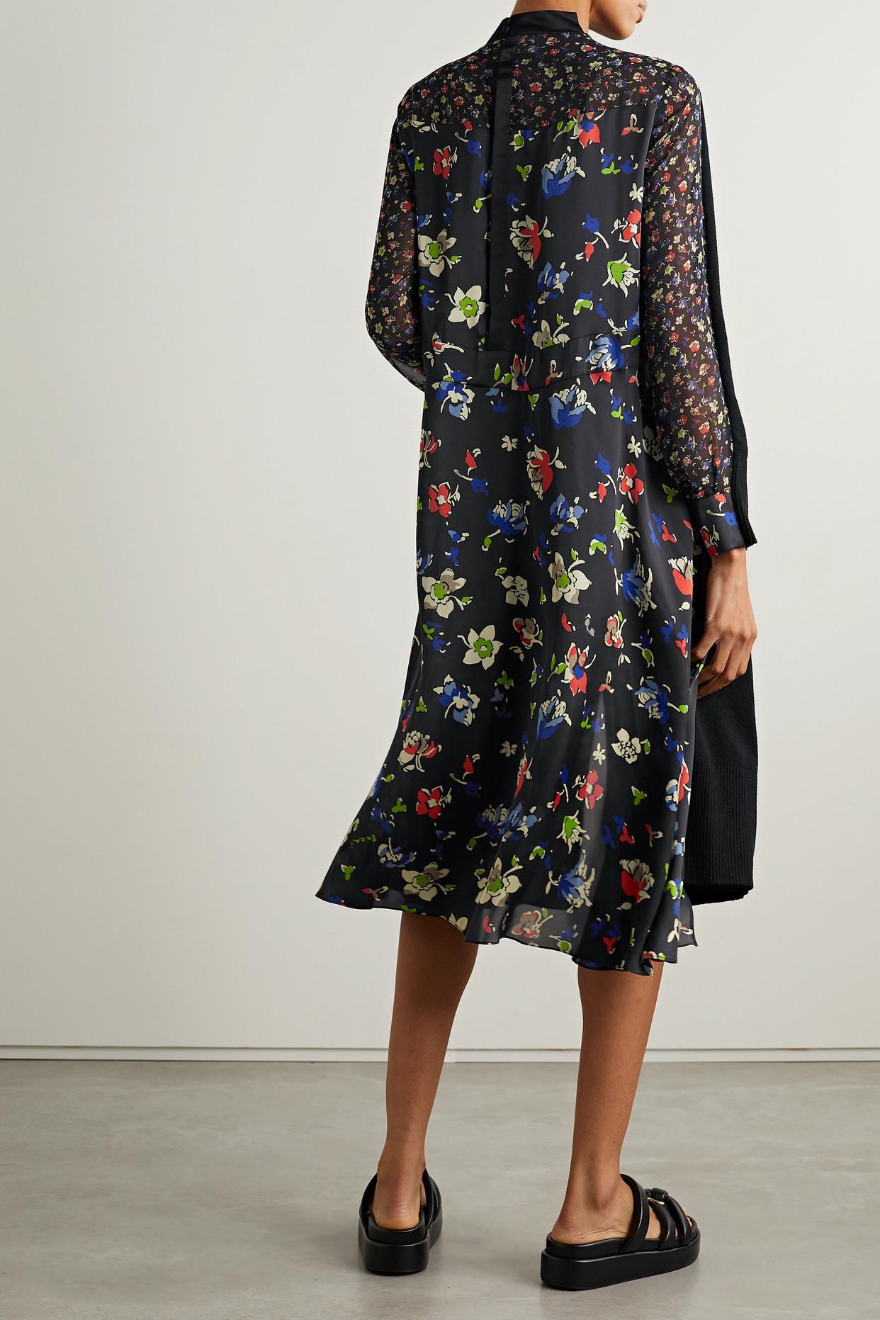 Sacai Paneled Wool And Floral-print Satin Midi Dress in Black | Lyst