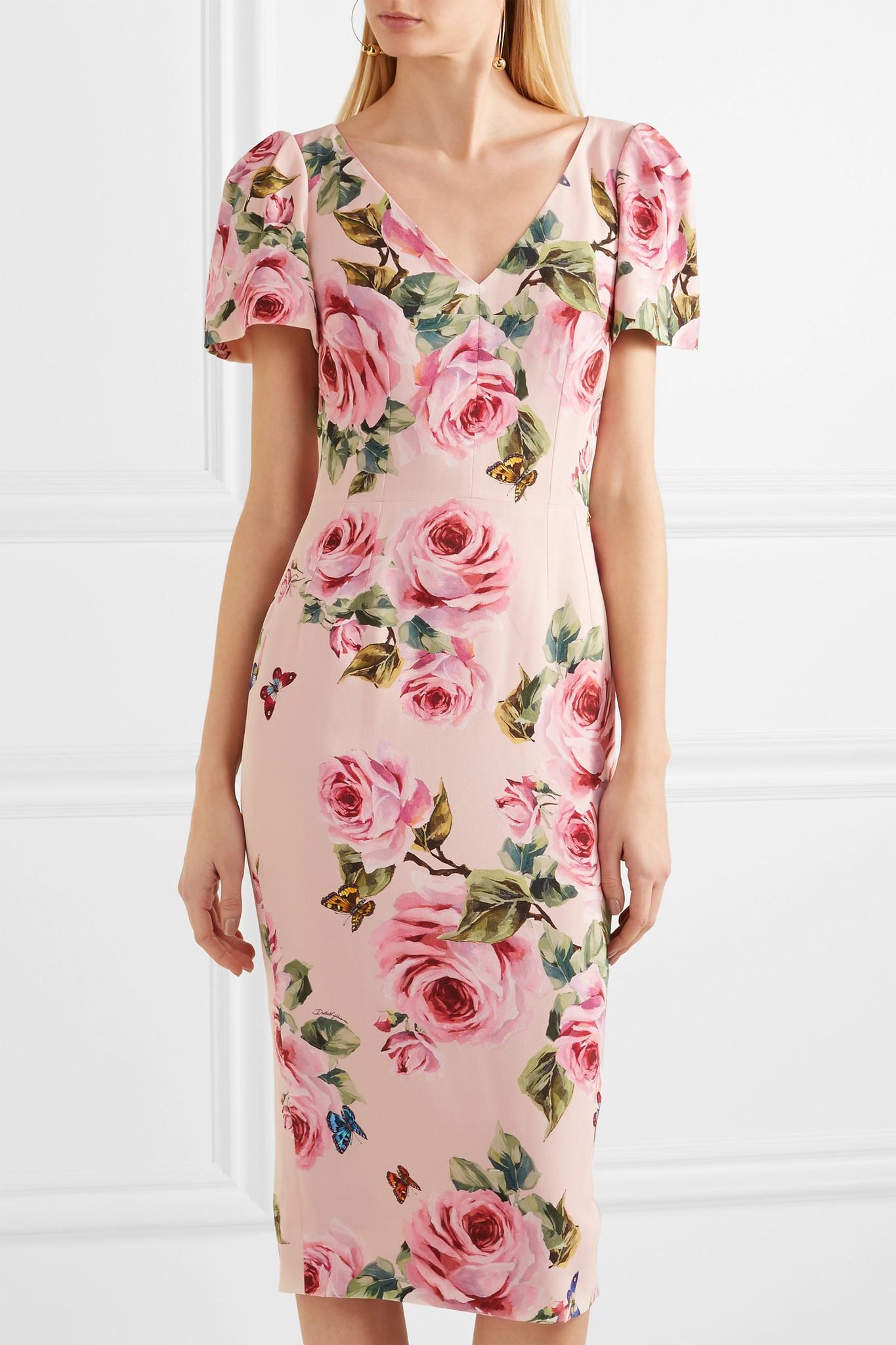 Dolce & Gabbana Floral-print Crepe Midi Dress in Pastel Pink (Pink) - Lyst