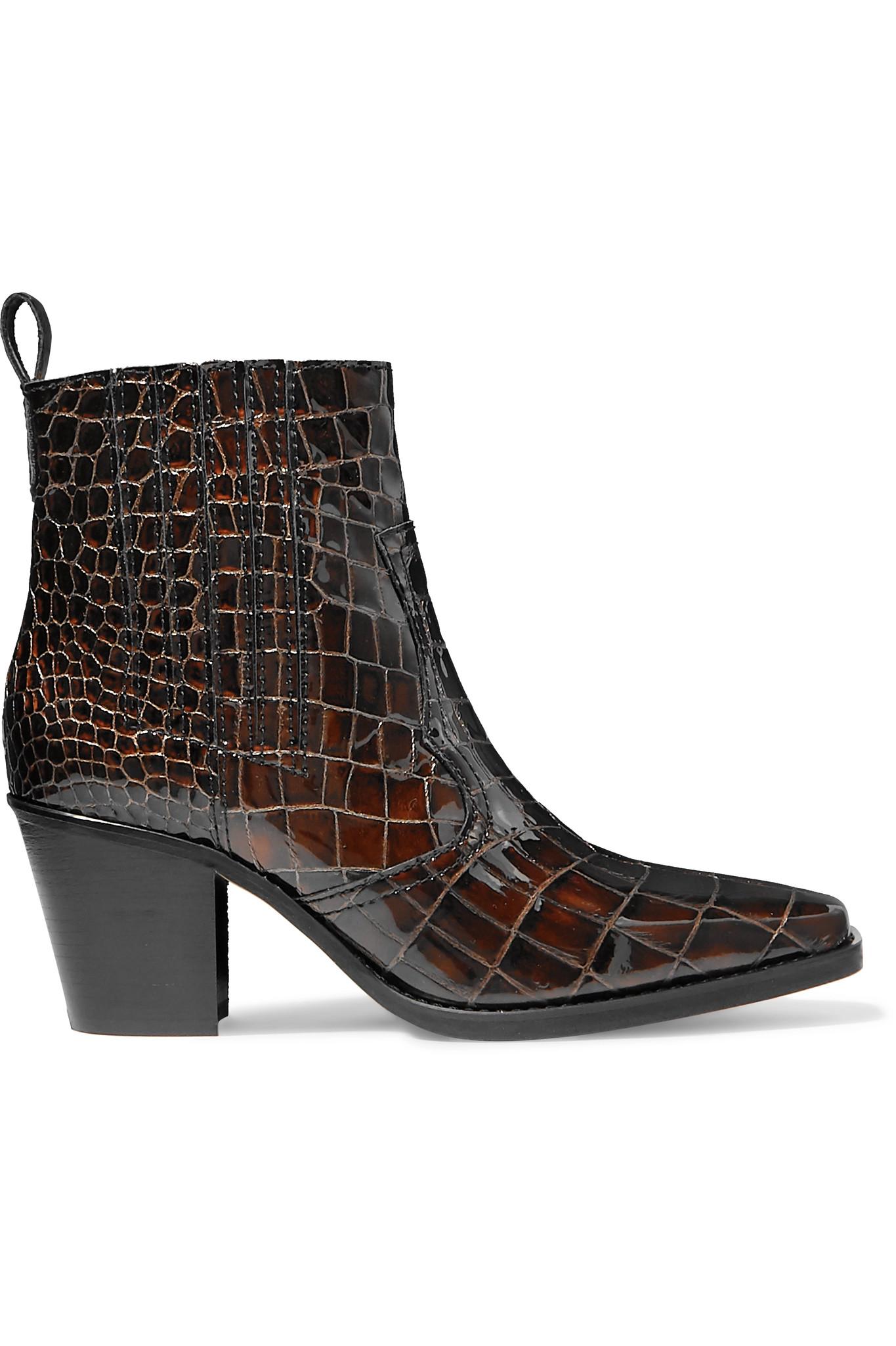 Lyst - Ganni Croc-effect Leather Ankle Boots in Brown