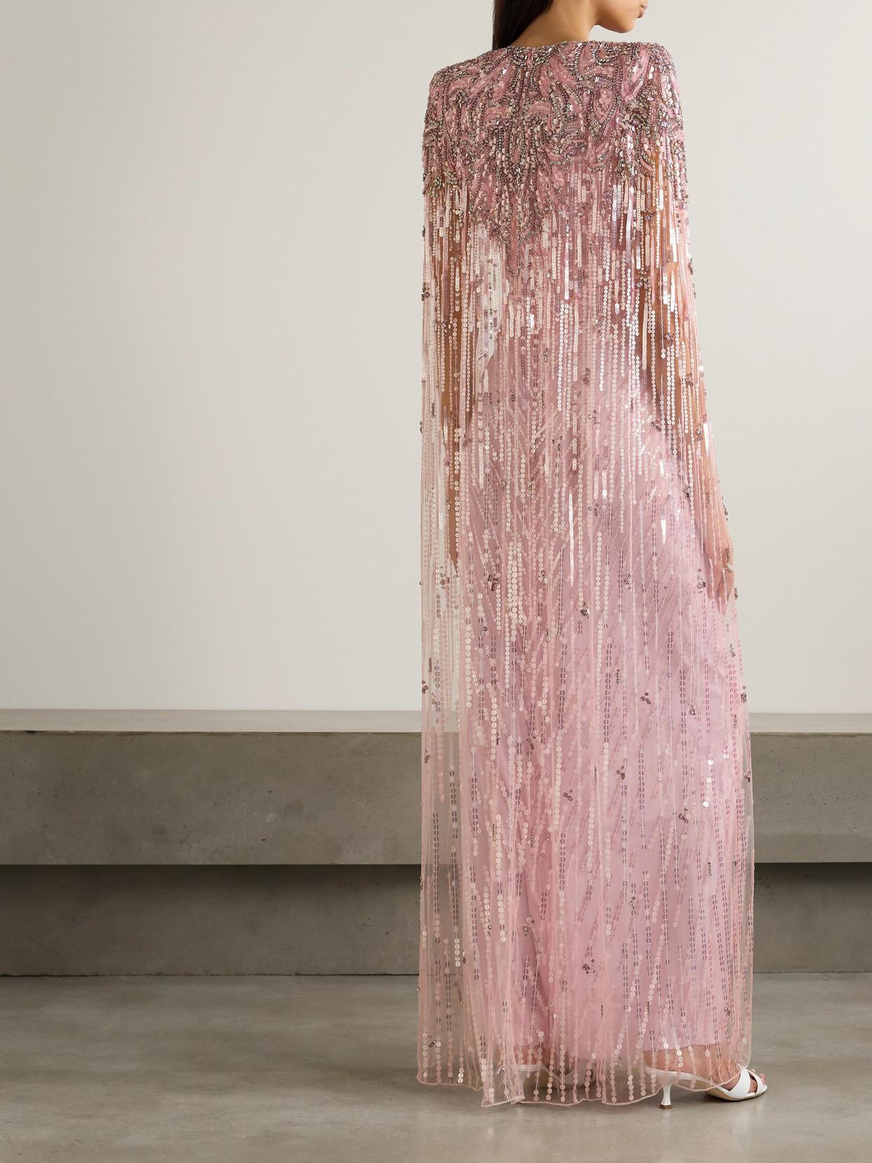 Jenny Packham Rush Embellished Cape-Effect Tulle Gown in Pink