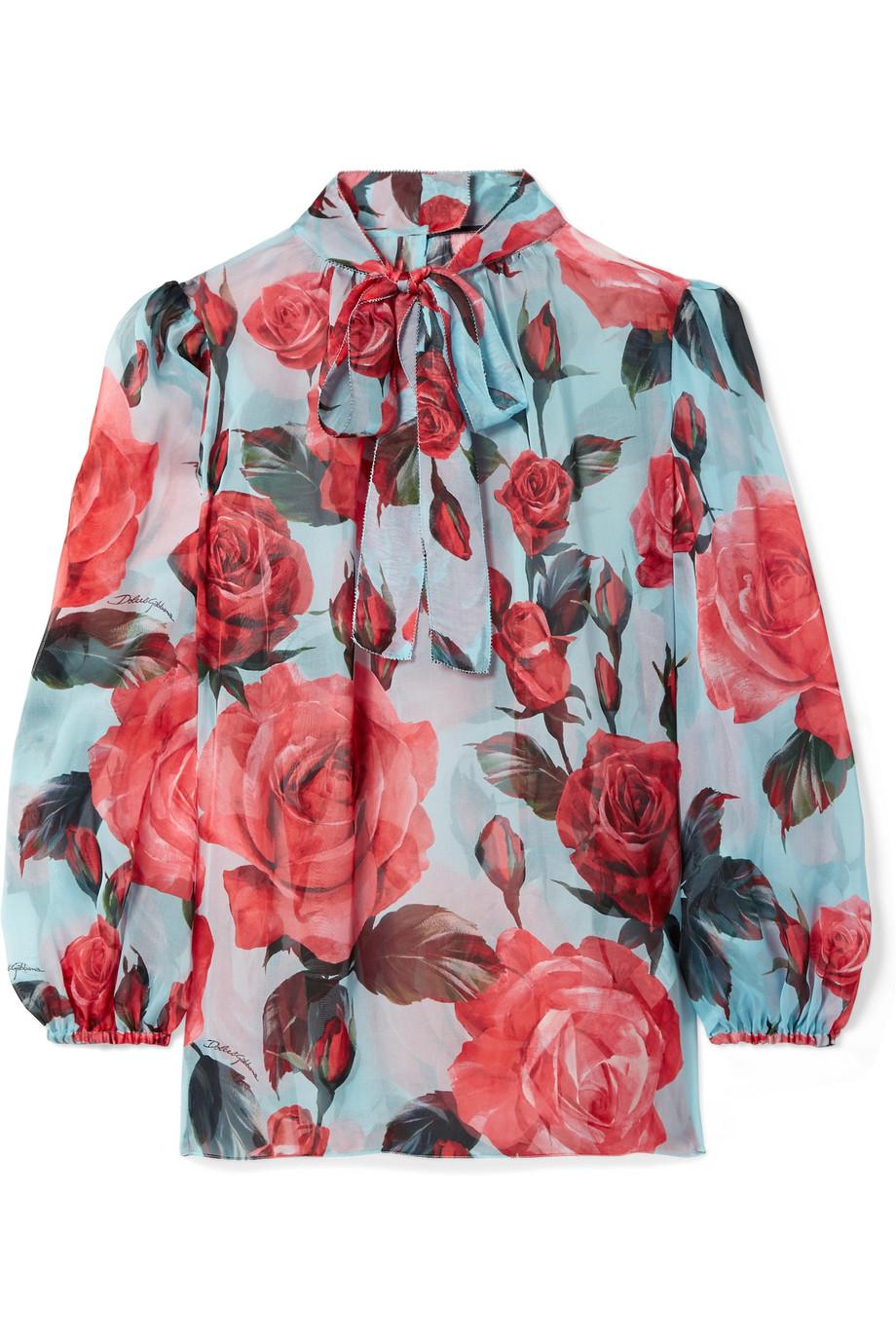 Dolce & Gabbana Pussy-bow Floral-print Silk-chiffon Blouse in Blue | Lyst