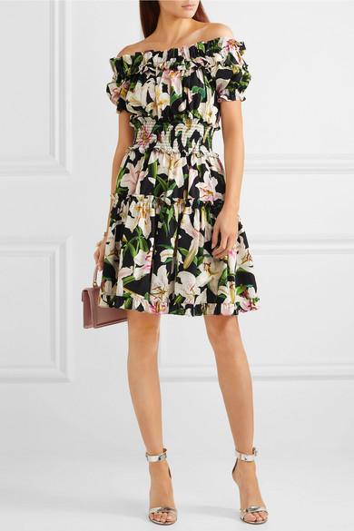 Dolce & Gabbana Cotton Floral Lilium Poplin Off The Shoulder Dress in Black  - Lyst