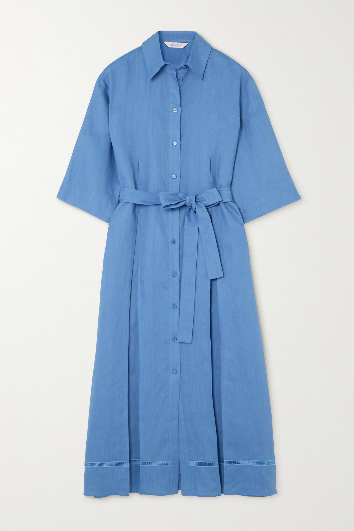 Max Mara Leisure Nocino Belted Linen Midi Shirt Dress in Blue | Lyst