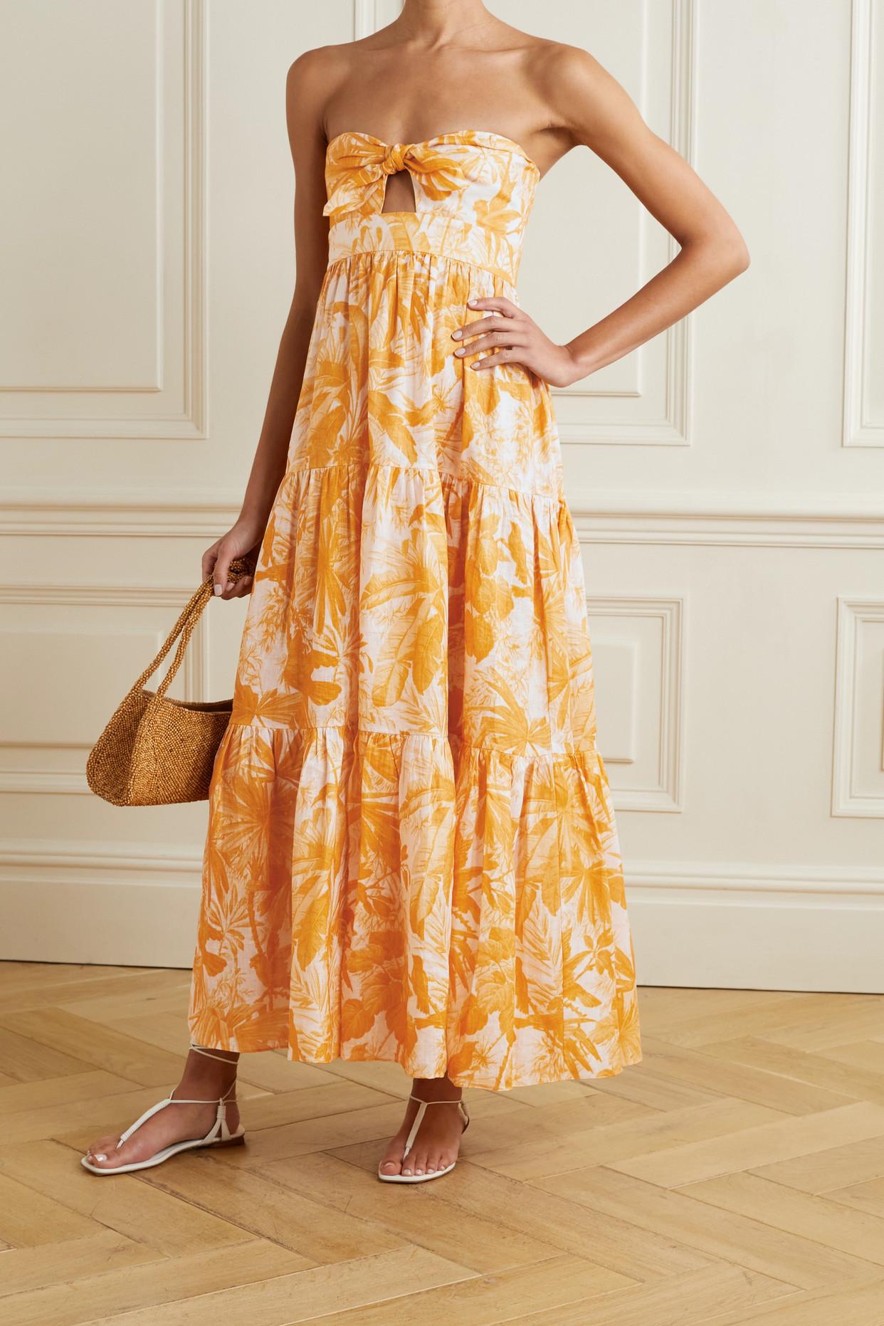 Zimmermann Mae Cutout Tie-detailed Printed Linen Maxi Dress in Orange | Lyst