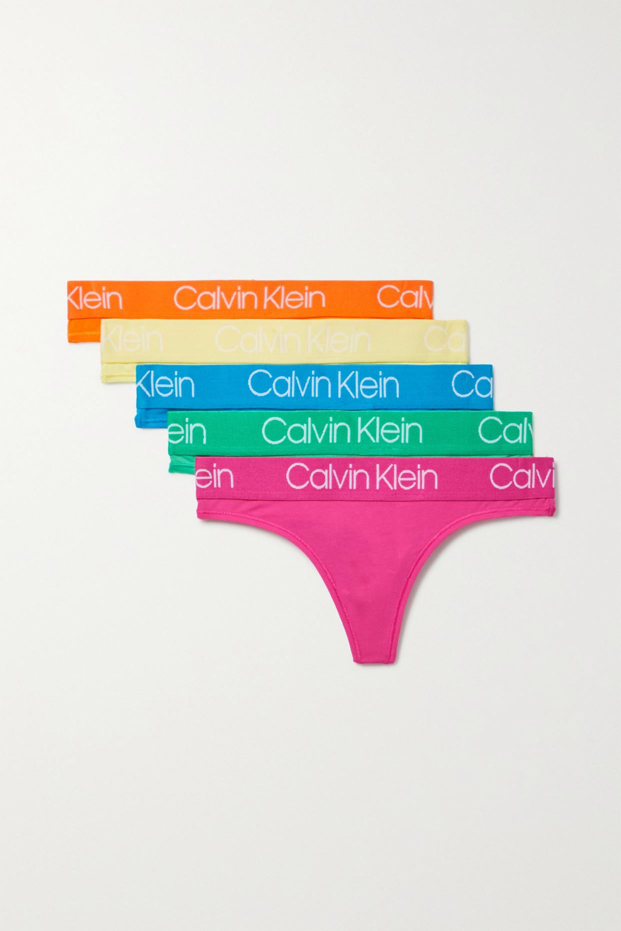 Calvin Klein Set Of Five Stretch-cotton Jersey Thongs in Green