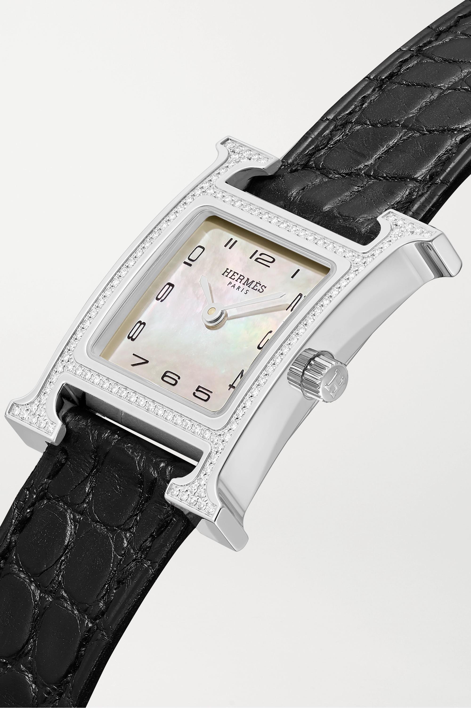 Hermes Black Epsom Leather Stainless Steel Diamond Heure H Mini Quartz Watch