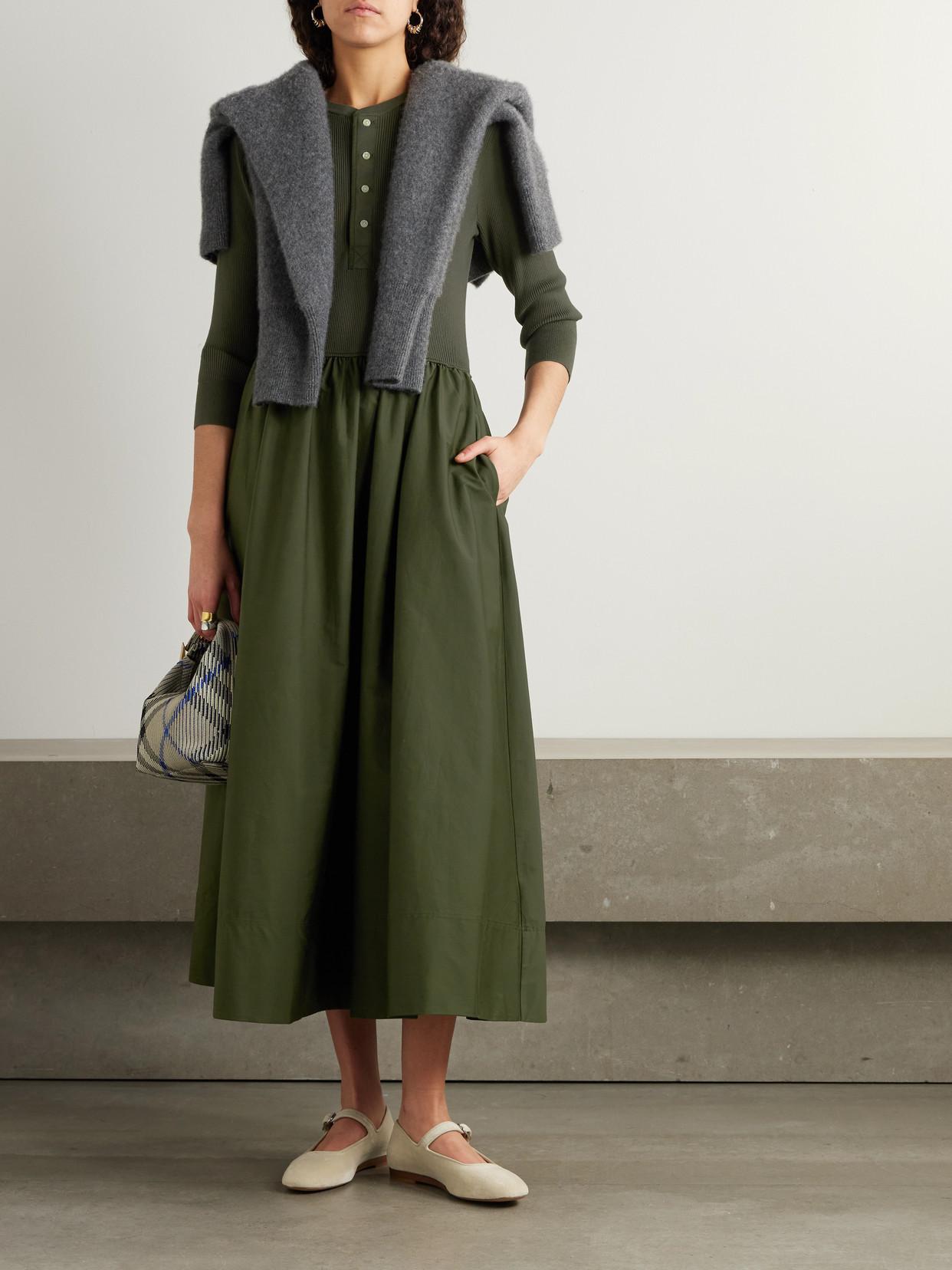 Polo Ralph Lauren Ribbed-Knit And Cotton-Poplin Midi Dress in Green | Lyst