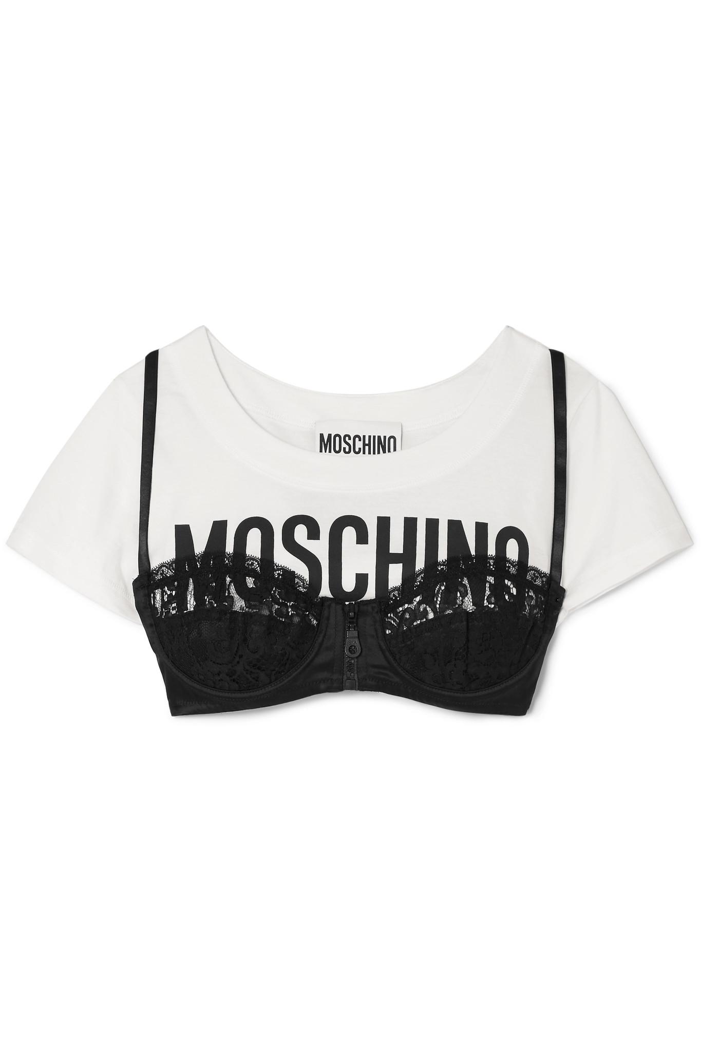 Moschino Cropped Layered Lace-trimmed Satin And Printed Cotton-jersey Top  in Black | Lyst