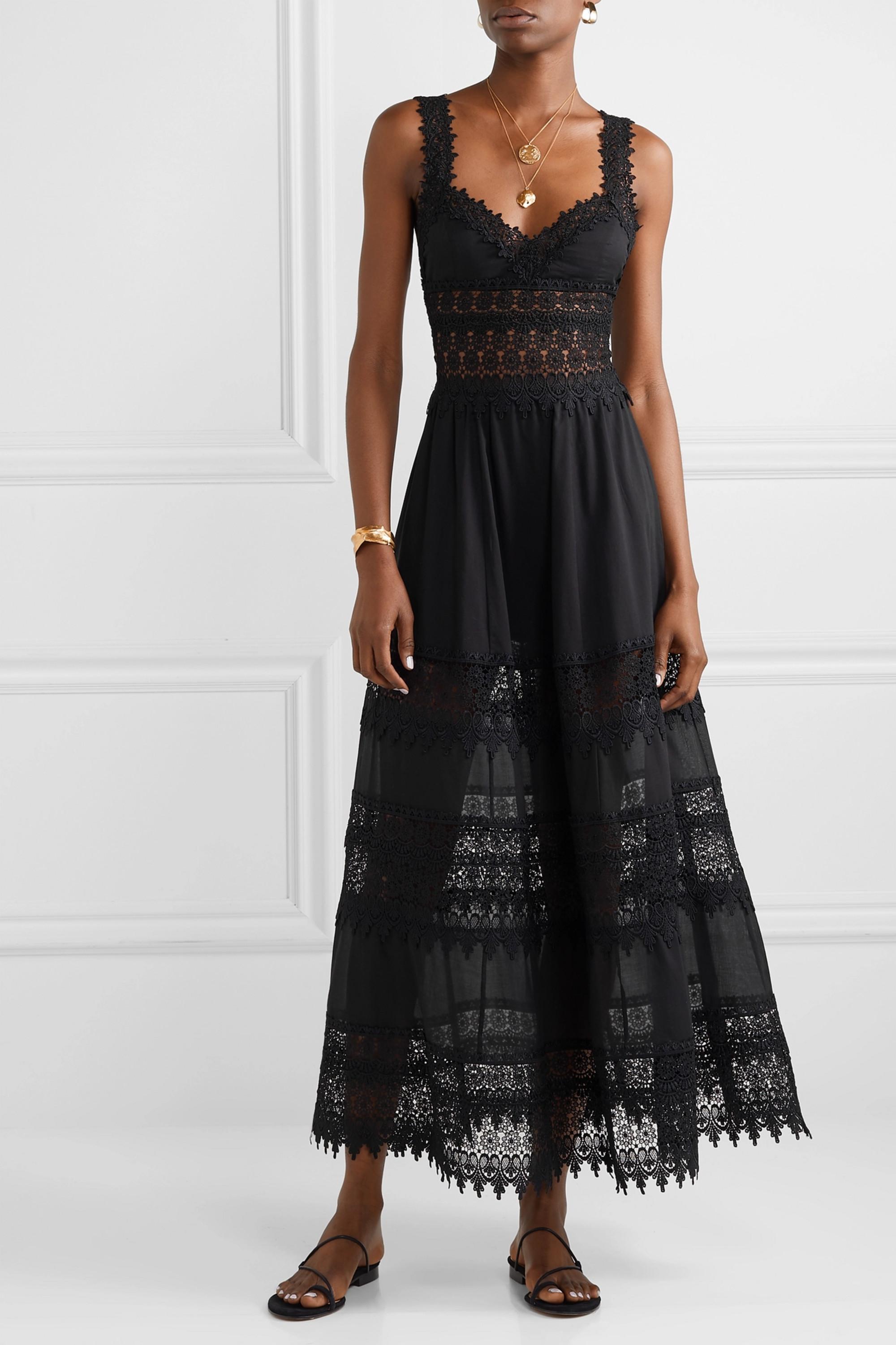 Charo Ruiz Sophia Crocheted Lace-paneled Cotton-blend Voile Maxi Dress in  Black | Lyst